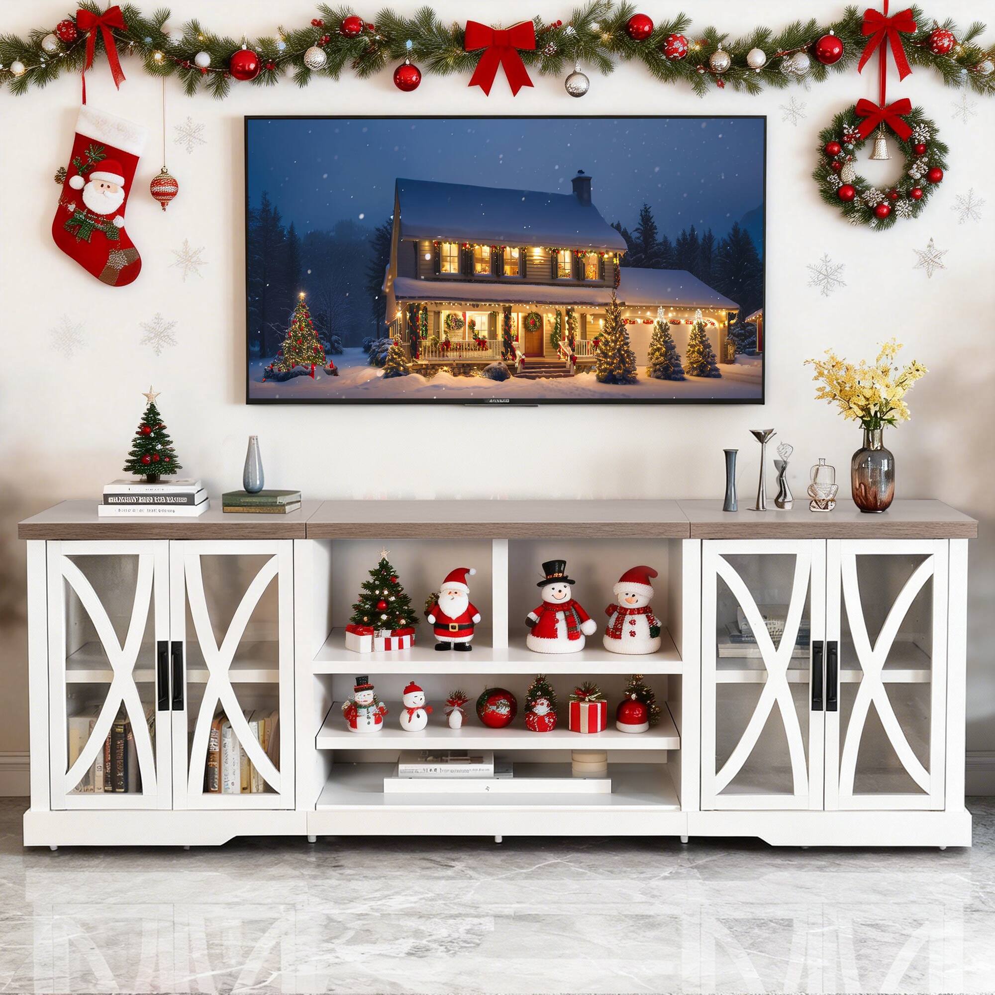 "Ihomeadore - 93"" Farmhouse TV Stand Media Storage Cabinet with Open Storage Shelves and Cabinets for TV up to 85"" - White" price history on PriceWatchPro