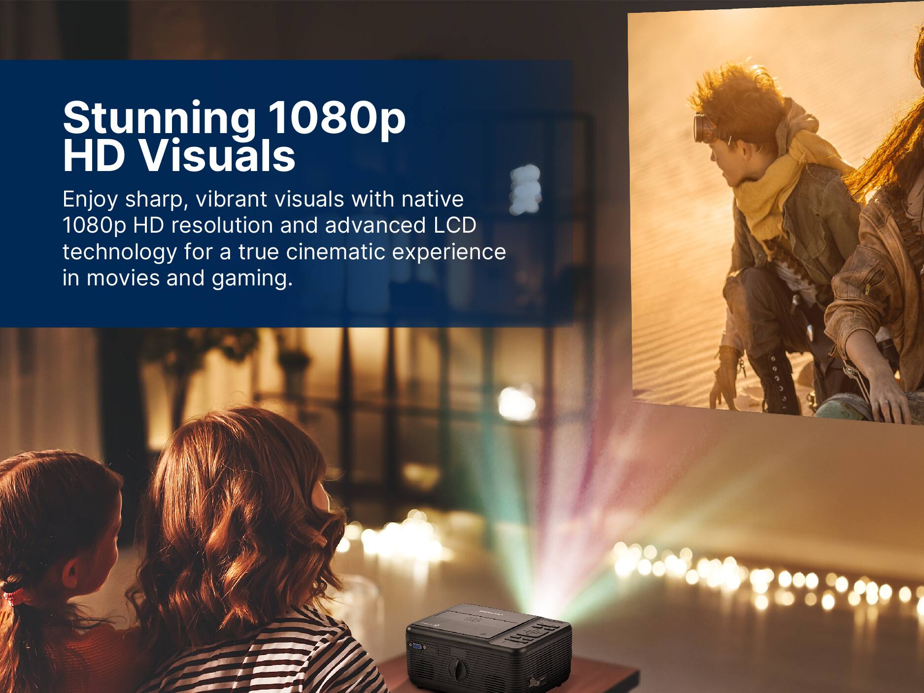 Stunning 1080p HD Visuals
Enjoy sharp, vibrant visuals with native 1080p HD resolution and advanced LCD technology for a true cinematic experience in movies and gaming.