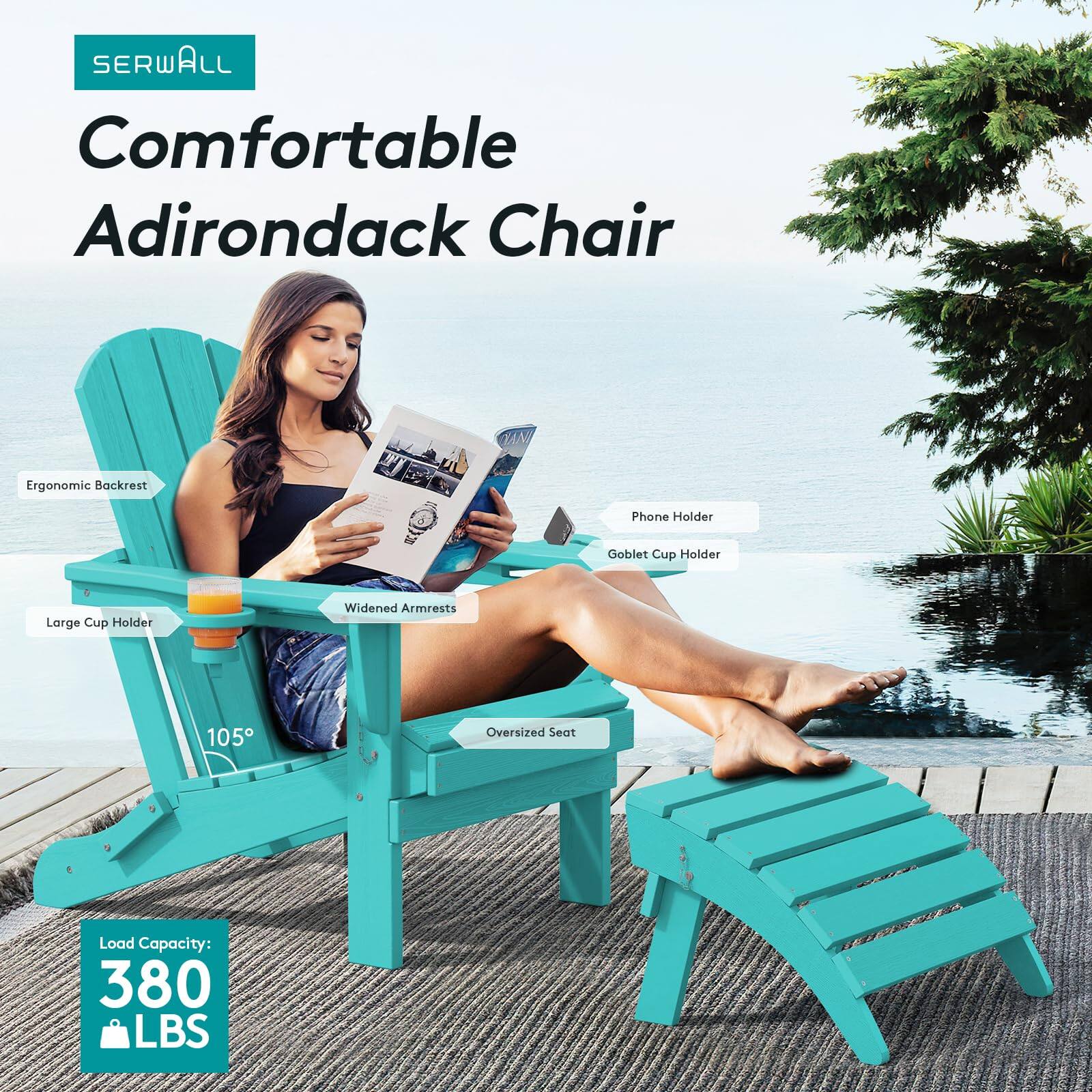 SERWALL Comfortable Adirondack Chair Ergonomic Backrest Phone Holder Goblet Cup Holder Large Cup Holder Widened Armrests 105 Oversized Seat Load Capacity: 380 LBS