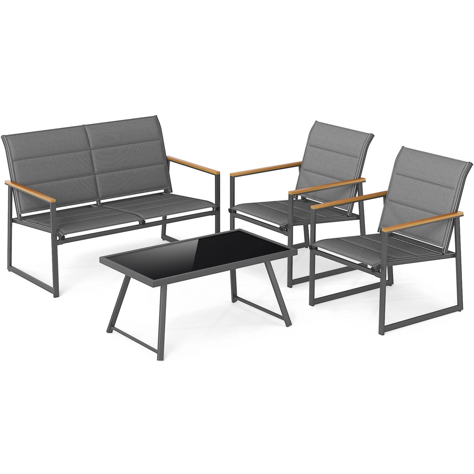 Alt View 6. Gymax - Gymax 4 Piece Patio Furniture Set Outdoor Metal Conversation Set w/ Padded Fabric Seat - Gray.
