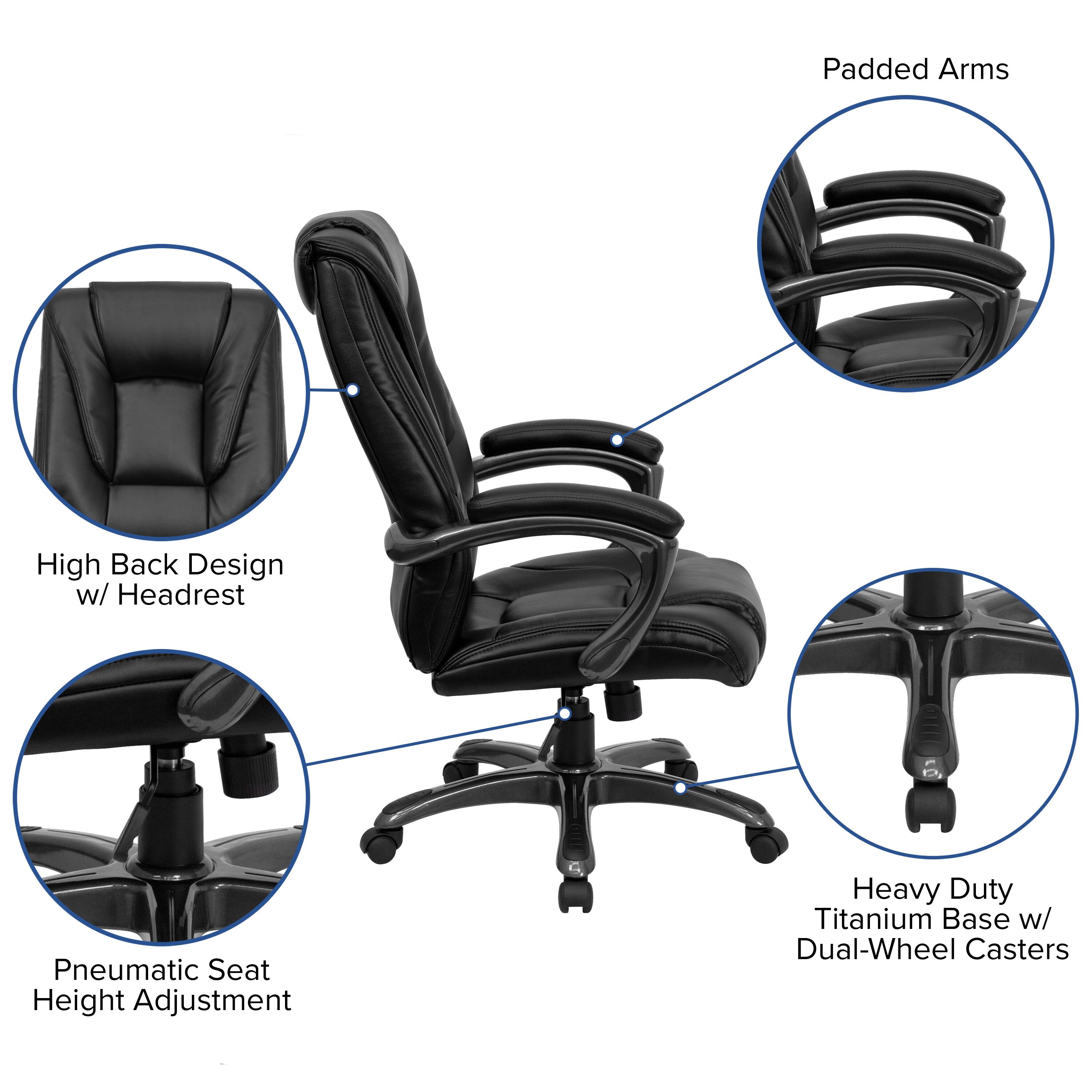 Padded Arms  
High Back Design w/ Headrest  
Pneumatic Seat Height Adjustment  
Heavy Duty Titanium Base w/ Dual-Wheel Casters