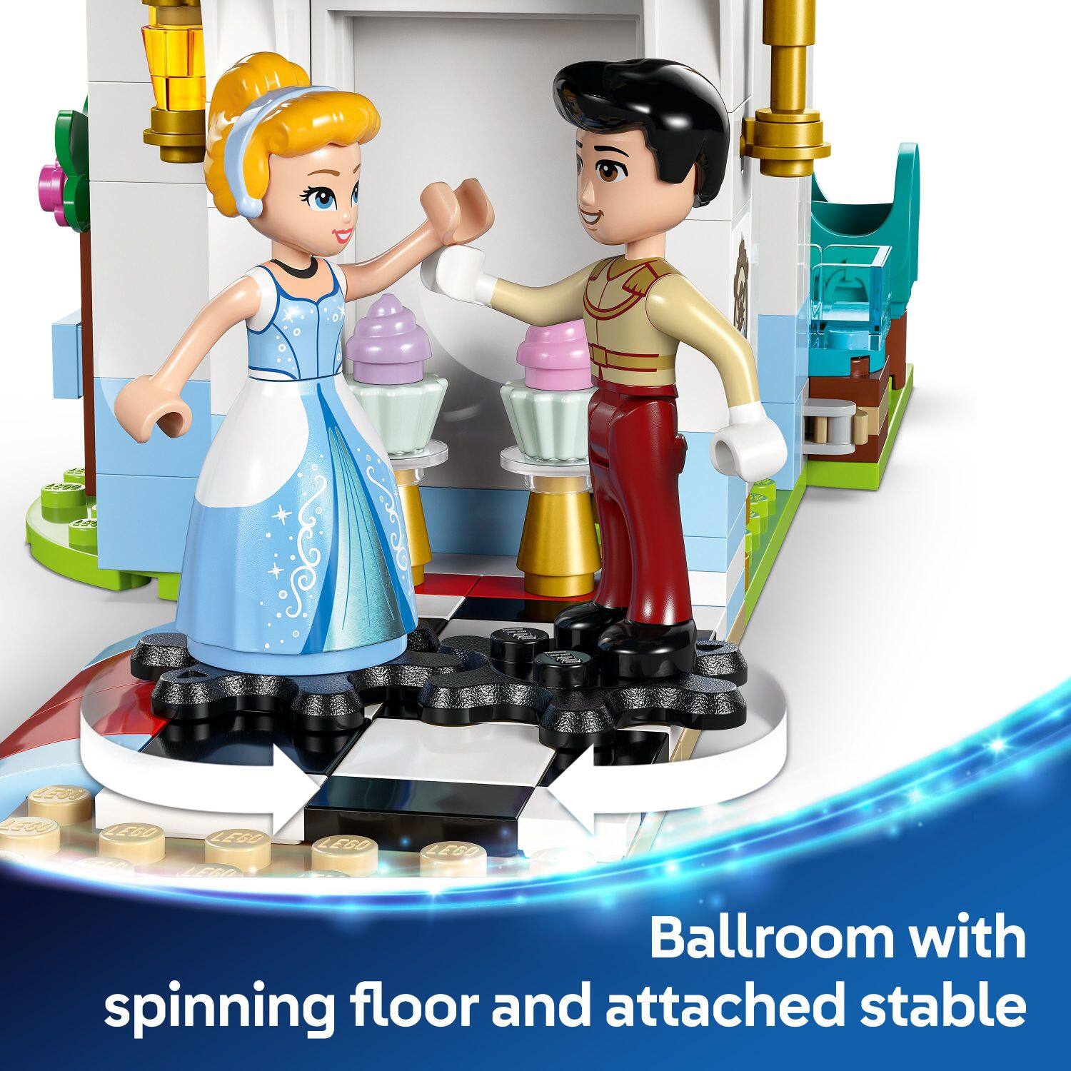 The text on the image reads "Ballroom with spinning floor and attached stable."