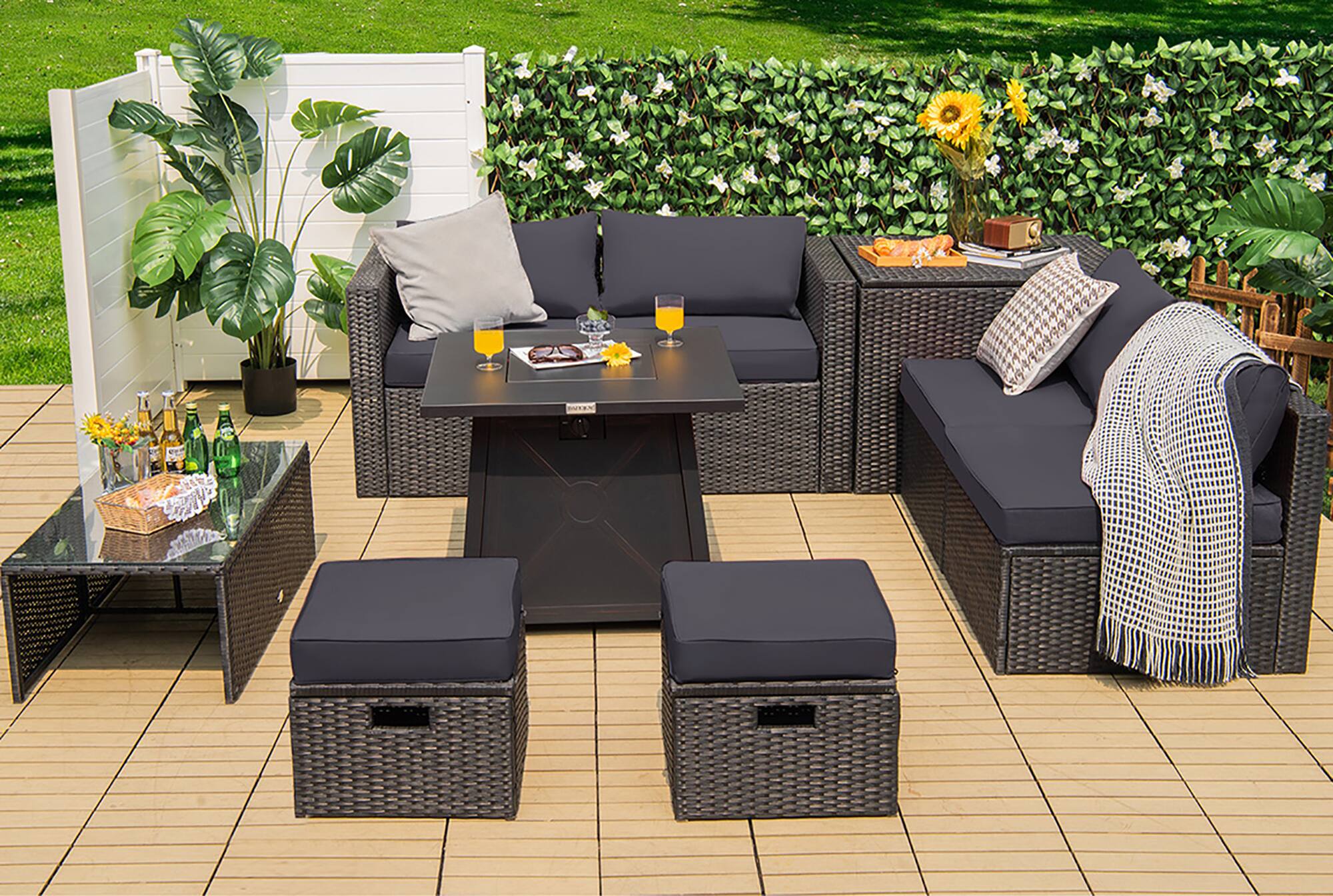 Alt View 2. Costway - Costway 9PCS Patio Rattan Furniture Set Fire Pit Space-saving W/Cover Grey Cushion cover - Grey.