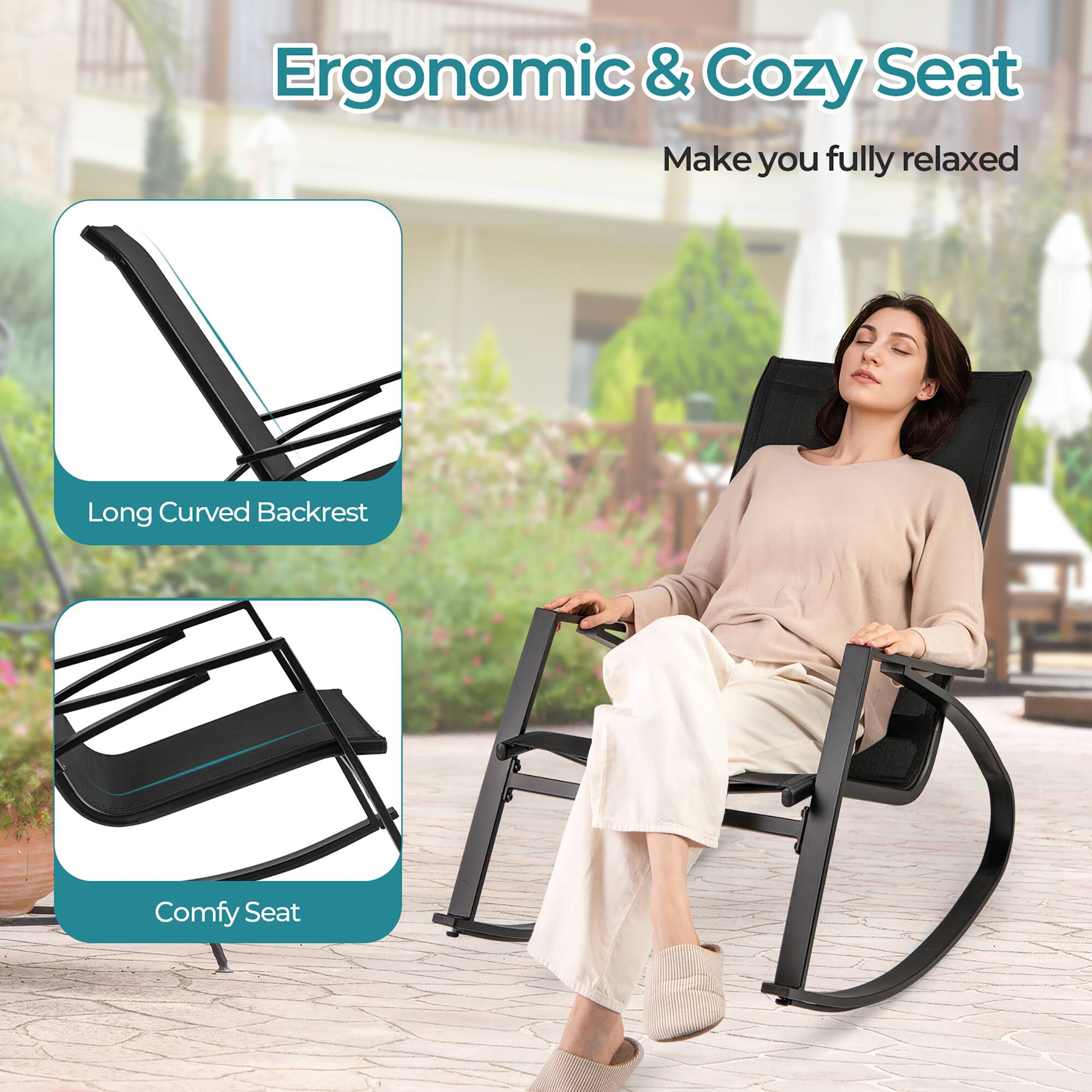 Ergonomic & Cozy Seat  
Make you fully relaxed  

Long Curved Backrest  

Comfy Seat