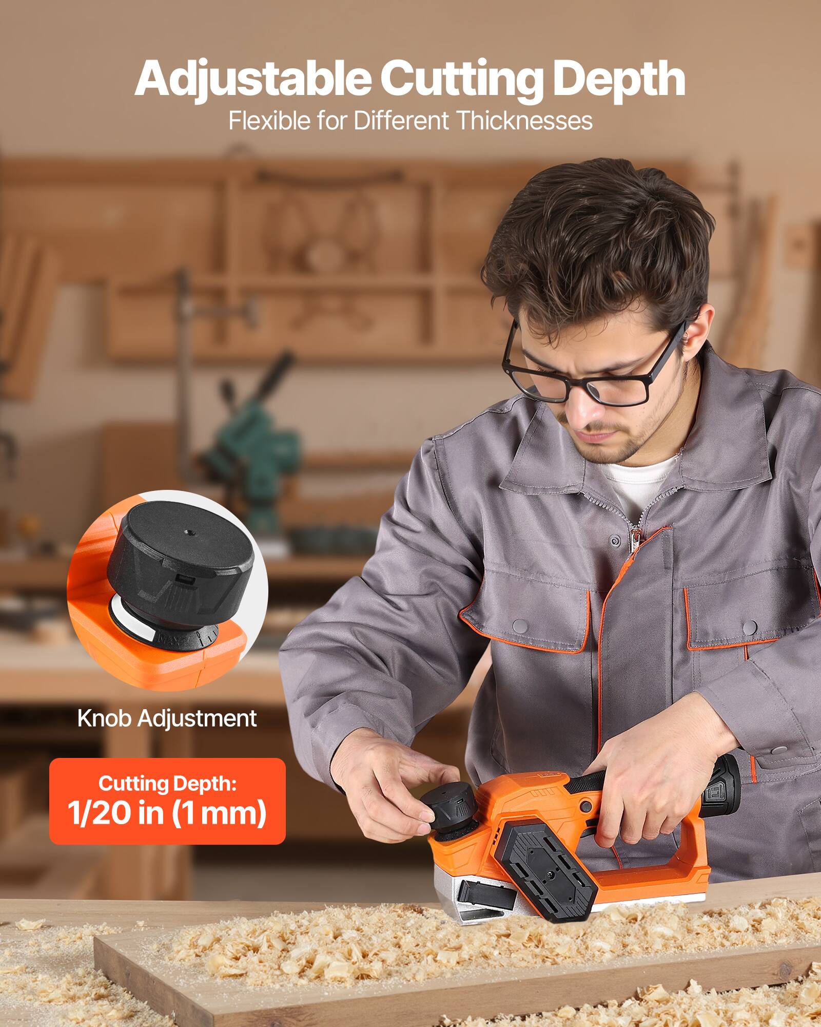 Adjustable Cutting Depth  
Flexible for Different Thicknesses  

Knob Adjustment  

Cutting Depth: 1/20 in (1 mm)