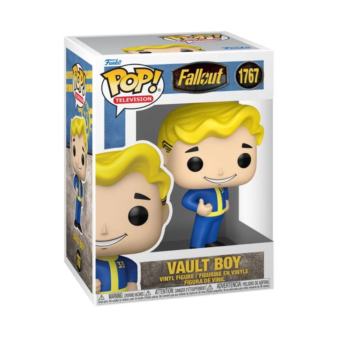 Sure, here is the corrected and grouped text from the image:

---

**Funko POP! TELEVISION**

**Fallout 1767**

**VAULT BOY**

**VINYL FIGURE / FIGURINE EN VINYLE / FIGURA DE VINIL**

**WARNING: CHOKING HAZARD - Small parts. Not for children under 3 years.**

**ADVERTENCIA: PELIGRO DE ASFIXIA - Pequeñas piezas. No es adecuado para menores de 3 años.**

**ATTENTION: DANGER DE TOUFFEMENT - Petites pièces. Ne convient pas aux enfants de moins de 3 ans.**

---

This text is organized to reflect the information on the packaging.