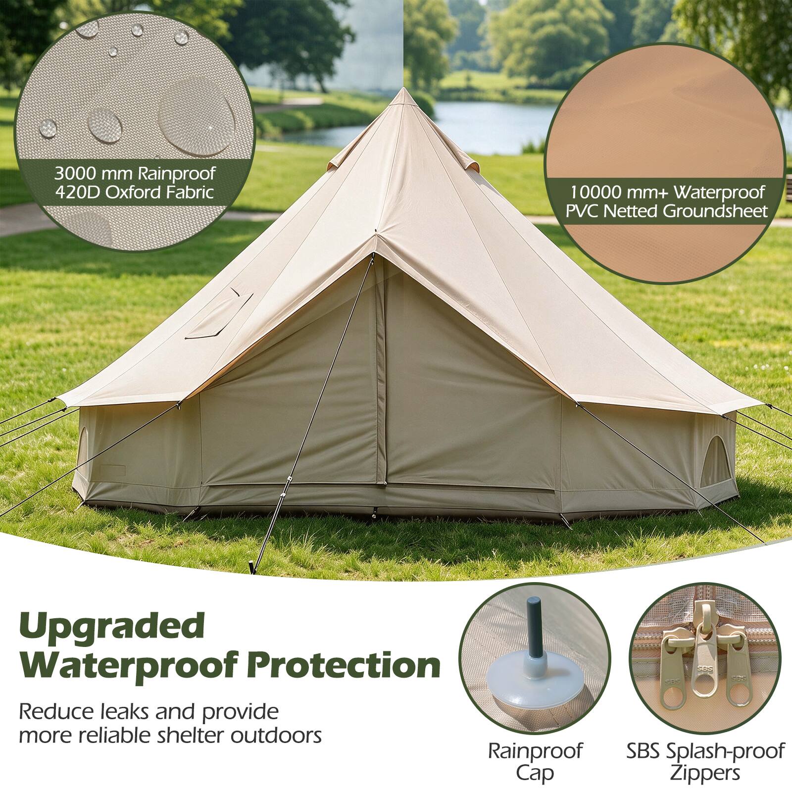 3000 mm Rainproof 420D Oxford Fabric  
10000 mm+ Waterproof PVC Netted Groundsheet  
Upgraded Waterproof Protection  
Reduce leaks and provide more reliable shelter outdoors  
Rainproof Cap  
SBS Splash-proof Zippers