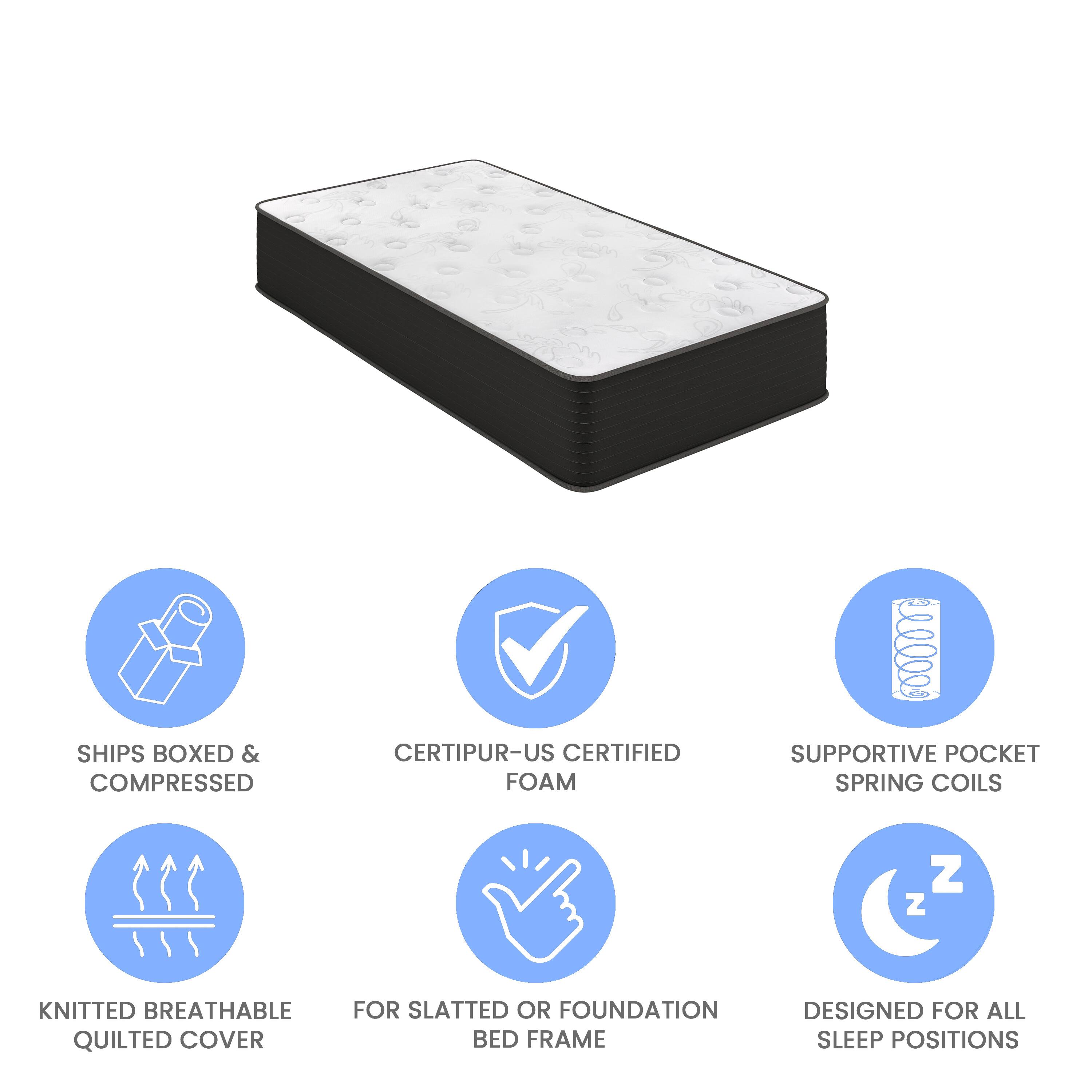 - Ships boxed & compressed
- Certipur-US certified foam
- Supportive pocket spring coils
- Knitted breathable quilted cover
- For slatted or foundation bed frame
- Designed for all sleep positions