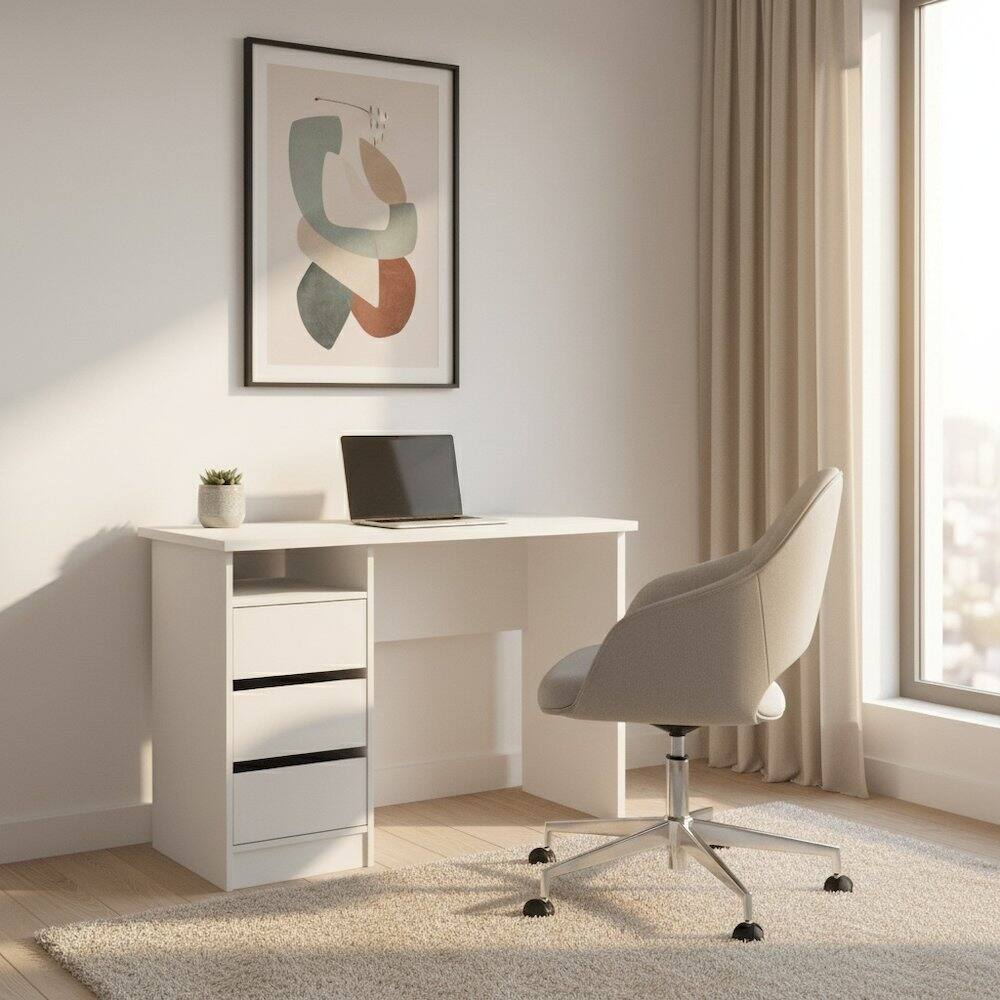 Angle. FurniFact - Computer Desk with 3 Drawers and Open Shelf for Home Office - White.