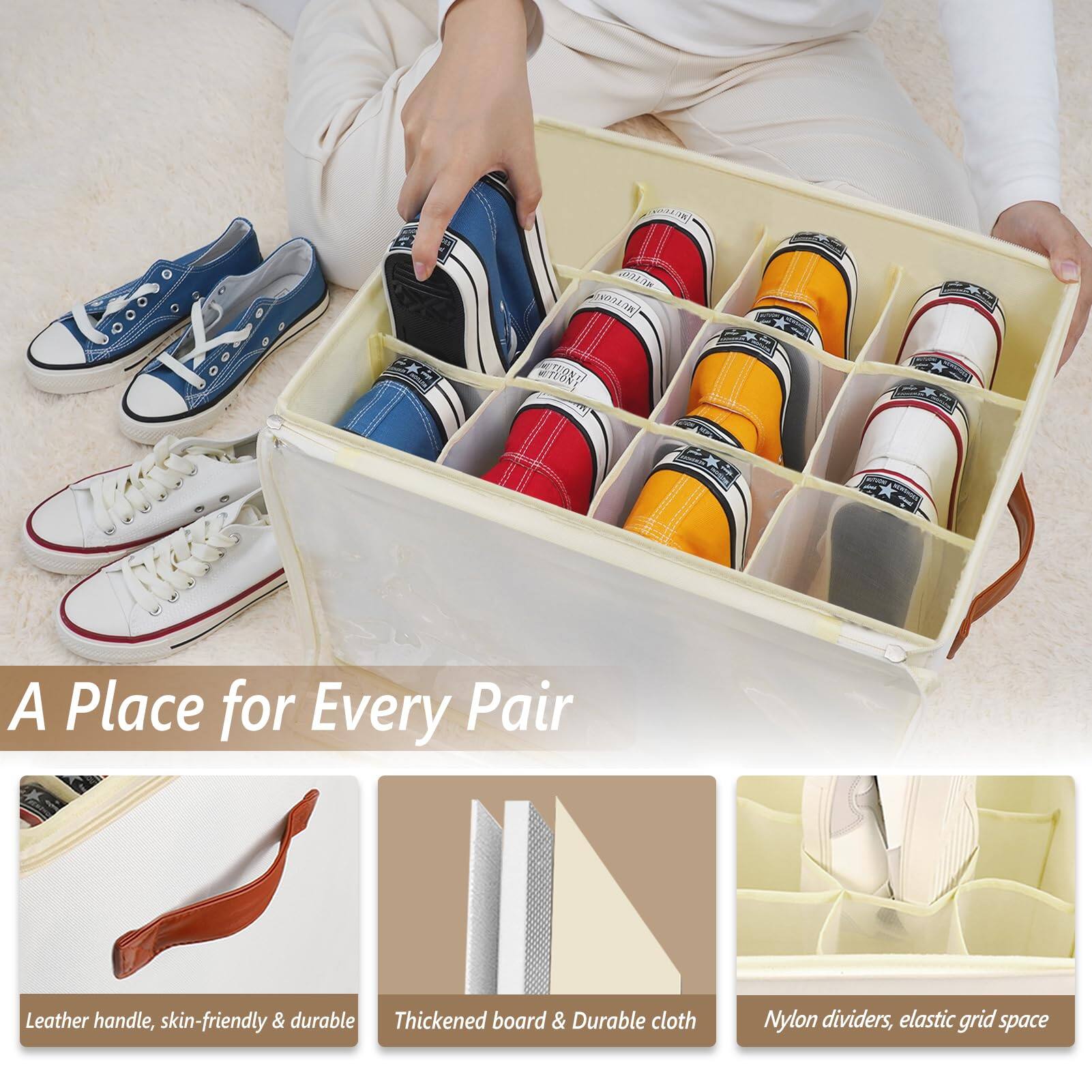 A Place for Every Pair

- Leather handle, skin-friendly & durable
- Thickened board & Durable cloth
- Nylon dividers, elastic grid space