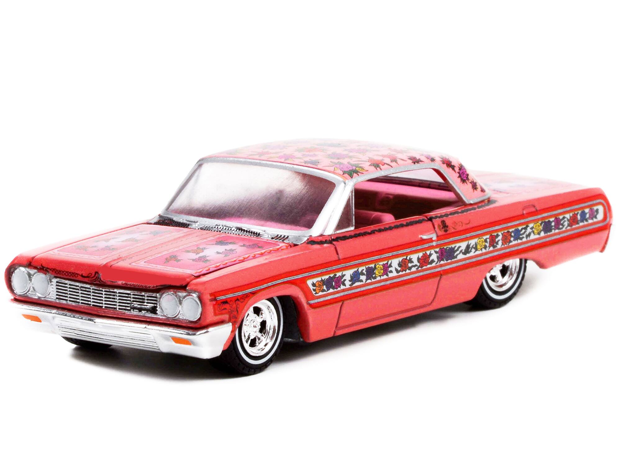 Alt View 1. Greenlight - 1964 Chevrolet Impala Lowrider Pink Metallic with Rose Graphics and Pink Interior 1/64 Diecast Model Car by Greenlight.