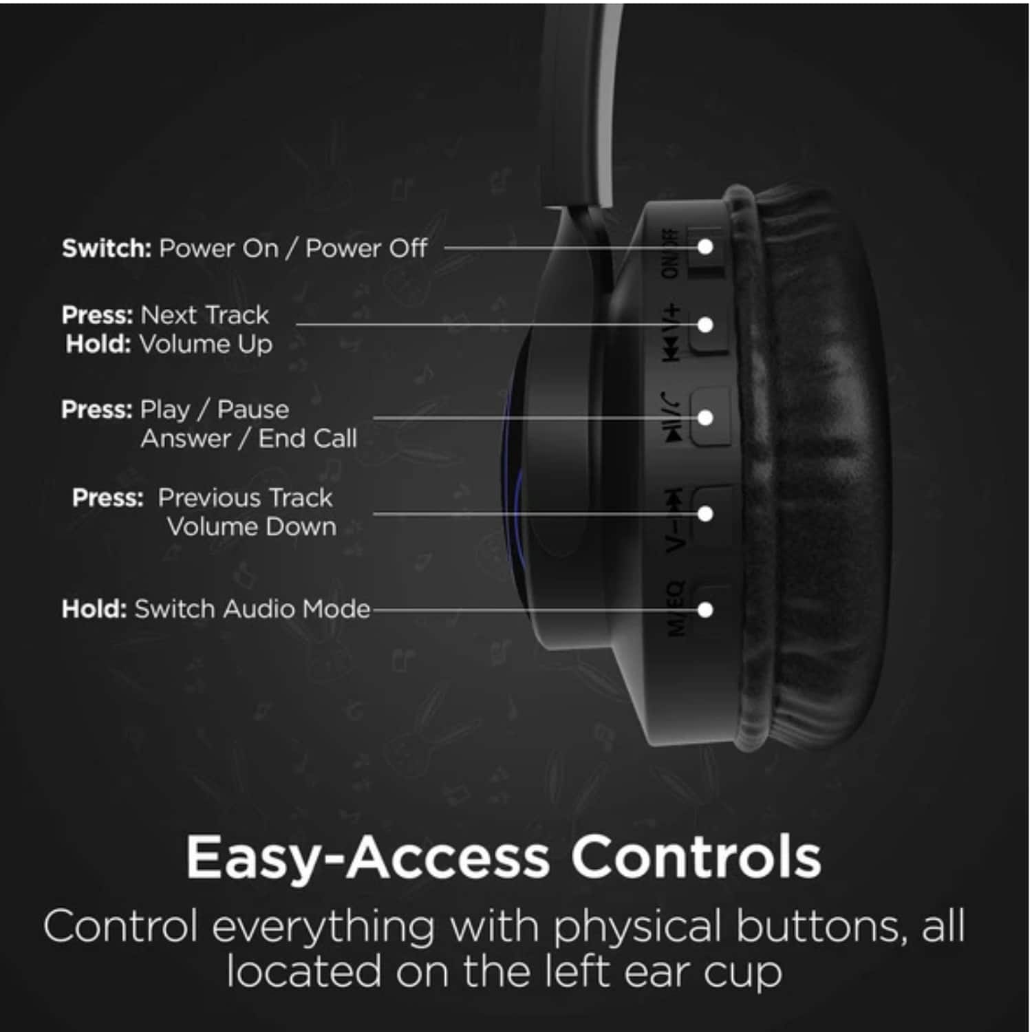 Switch: Power On / Power Off  
Press: Next Track  
Hold: Volume Up  
Press: Play / Pause  
Answer / End Call  
Press: Previous Track  
Volume Down  
Hold: Switch Audio Mode  

Easy-Access Controls  
Control everything with physical buttons, all located on the left ear cup