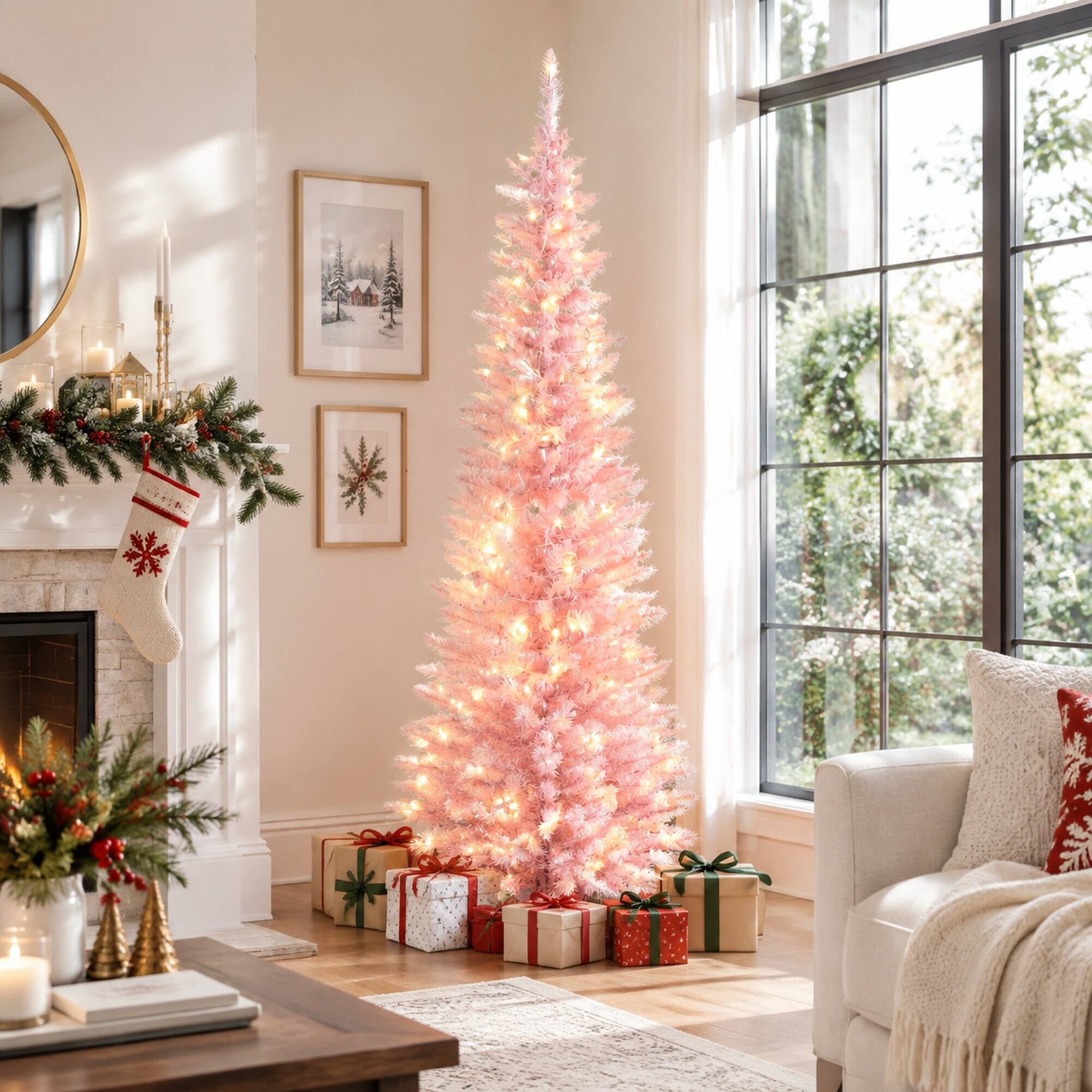 Left. RYHNUYNE - 7 Ft Slim Noble Fir Pink Artificial Christmas Tree With 200 Warm White LED Lights, 499 Tips Metal Stand Decor - Pink.