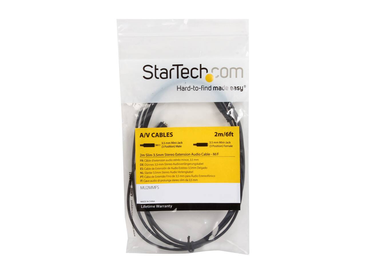 StarTech.com  
Hard-to-find made easy

A/V CABLES  
3.5 mm Mini-Jack (3 Position) Male  
2m/6ft  
3.5 mm Mini-Jack (3 Position) Female  
2m Slim 3.5mm Stereo Extension Audio Cable-M/F  

FR: Cable d'extension audio stéréo mince, 3,5 mm  
DE: Dünnes 3,5-mm-Stereo-Audioverlängerungskabel  
ES: Cable de Extensión de Audio Estéreo 3,5mm Delgado  
NL: Slanke 3.5mm Stereo Audio Verlengkabel  
PT: Cabo de Extensão Fino de 3.5 mm para Audio Estéreo  
IT: Cavo audio di prolunga stereo slim da 3,5  

MU2MMFS  
com/support  
MADE IN CHINA  
Lifetime Warranty