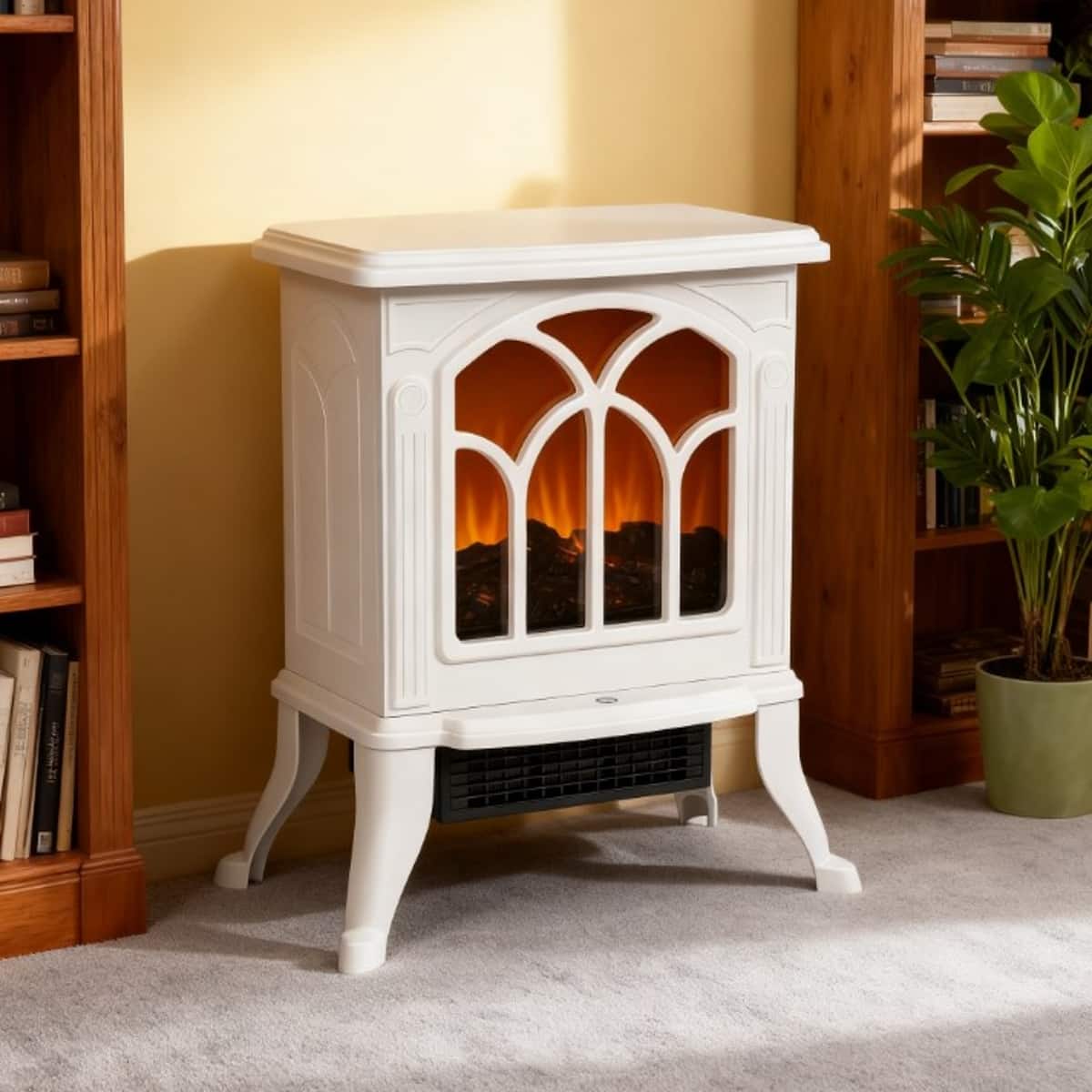 Loheer - Freestanding Electric Fireplace Stove, Portable Fireplace Heater with Realistic Logs, 1500W - White