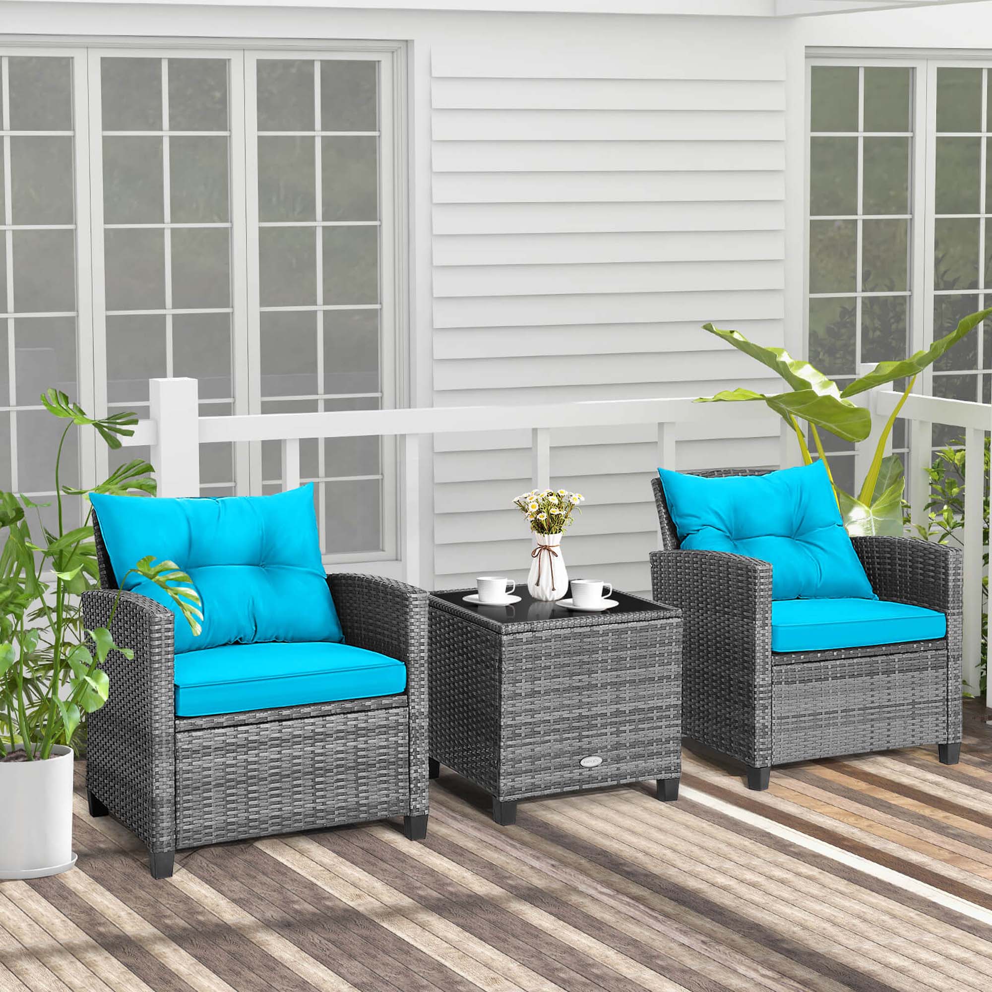 Alt View 3. Costway - 3 PCS Patio Rattan Furniture Bistro Set Cushioned Sofas Side Table Armrest - Turquoise + Mix Grey.