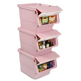Costway - 3 PCS Storage Bins on Wheels with Stay-Open Lid for Kitchen Bedroom Laundry Closet - White + Pink