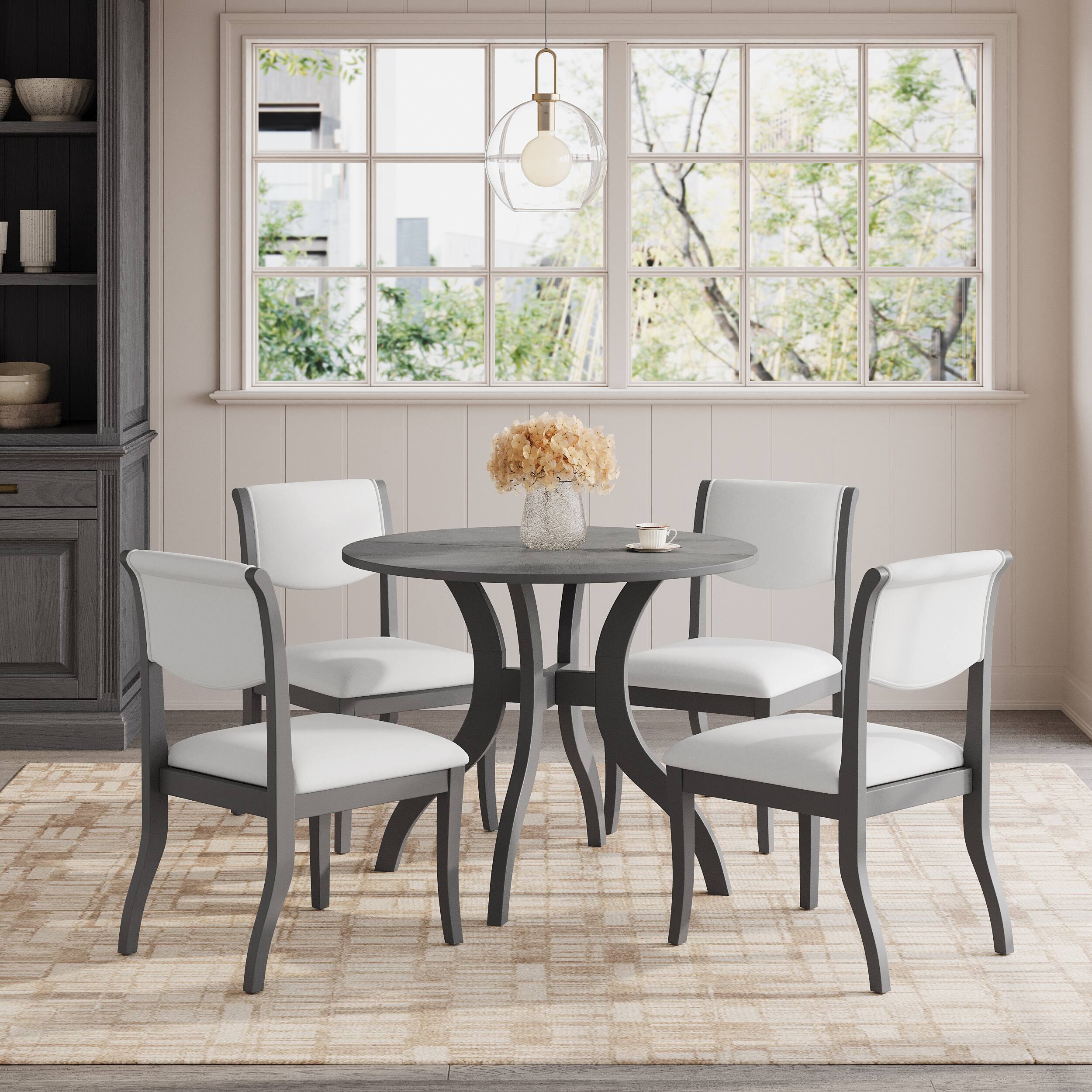 TinyHomie - Dining Table Set 39.4in Round Table 2 Chairs Traditional Solid Wood Kitchen Set with Inlaid Tabletop Elegant Curved Legs - Grey and White