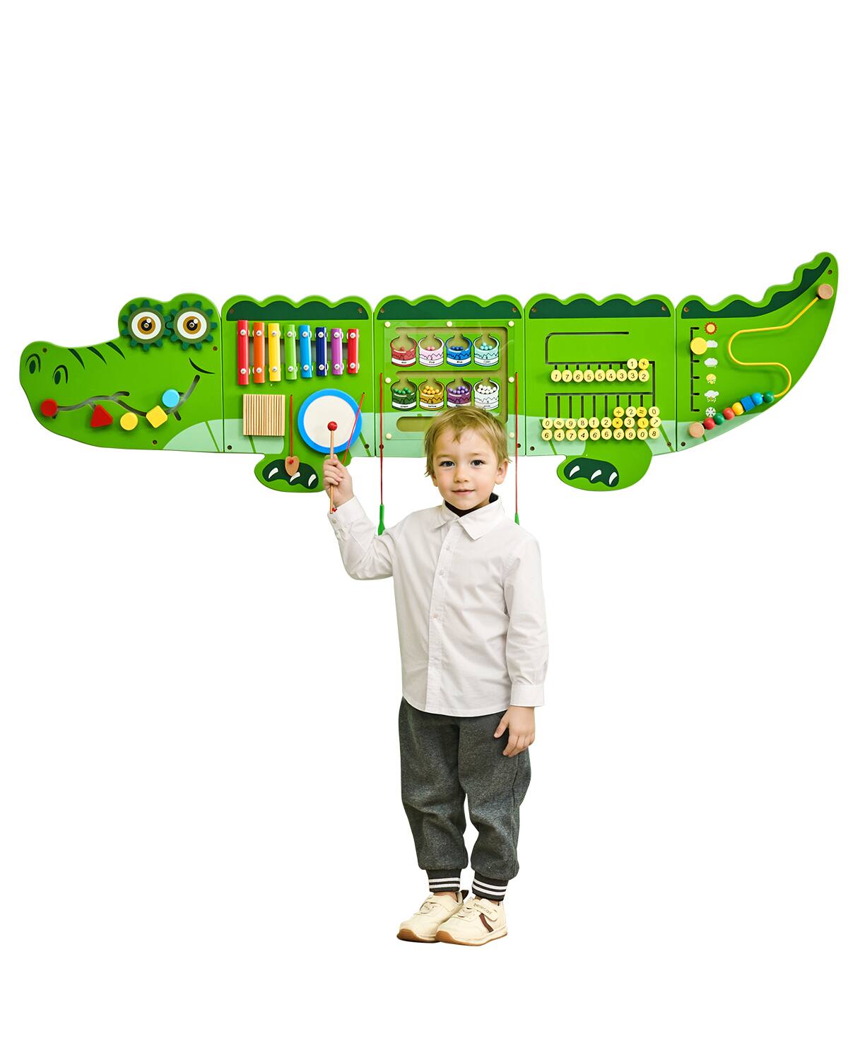 Front. VEVOR - Crocodile Activity Wall Busy Board Panels, 9 Activities, Montessori Sensory Wall Toy for Kids 3-12 Years.