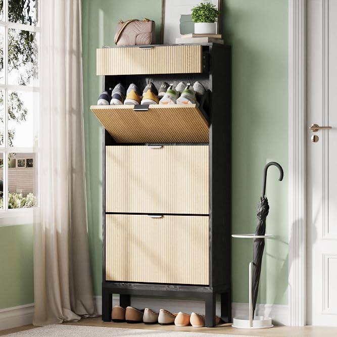Left. Jojoka - Shoe Storage Cabinet with 3 Flip Drawers, Farmhouse Fluted Shoe Organizer with Metal Legs, Freestanding Shoe Rack - Black+Oak.