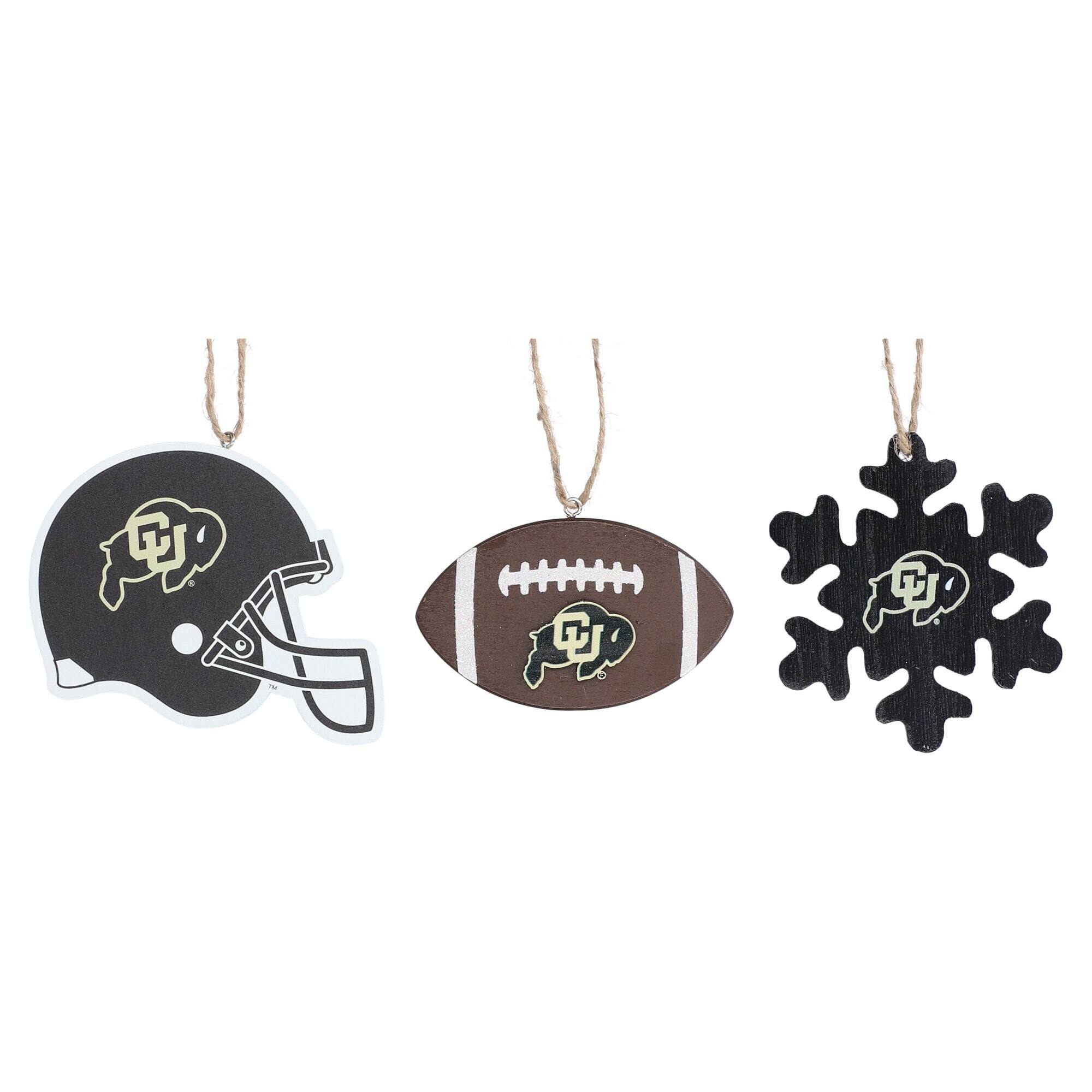 Front. The Memory Company - Colorado Buffaloes Three-Pack Helmet, Football & Snowflake Ornament Set - Black.