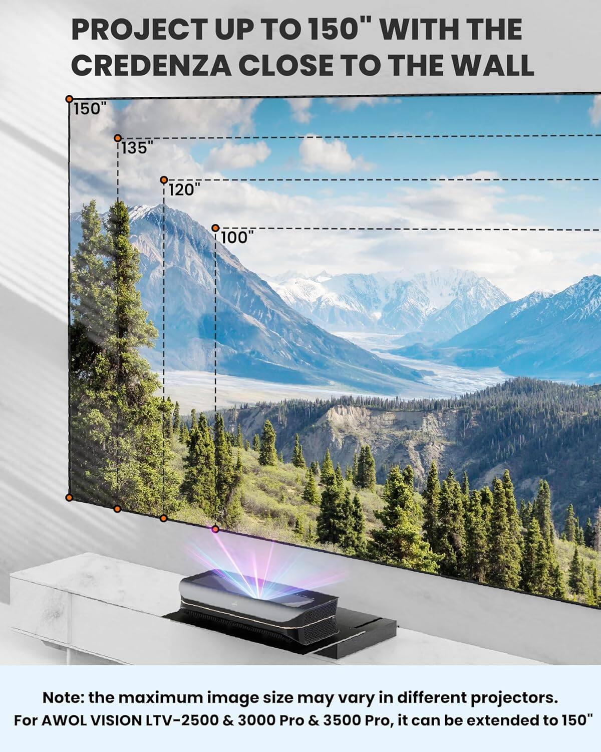 PROJECT UP TO 150" WITH THE CREDENZA CLOSE TO THE WALL 150" 135 120 100 Note: the maximum image size may vary in different projectors. For AWOL VISION LTV-2500 & 3000 Pro & 3500 Pro, it can be extended to 150".