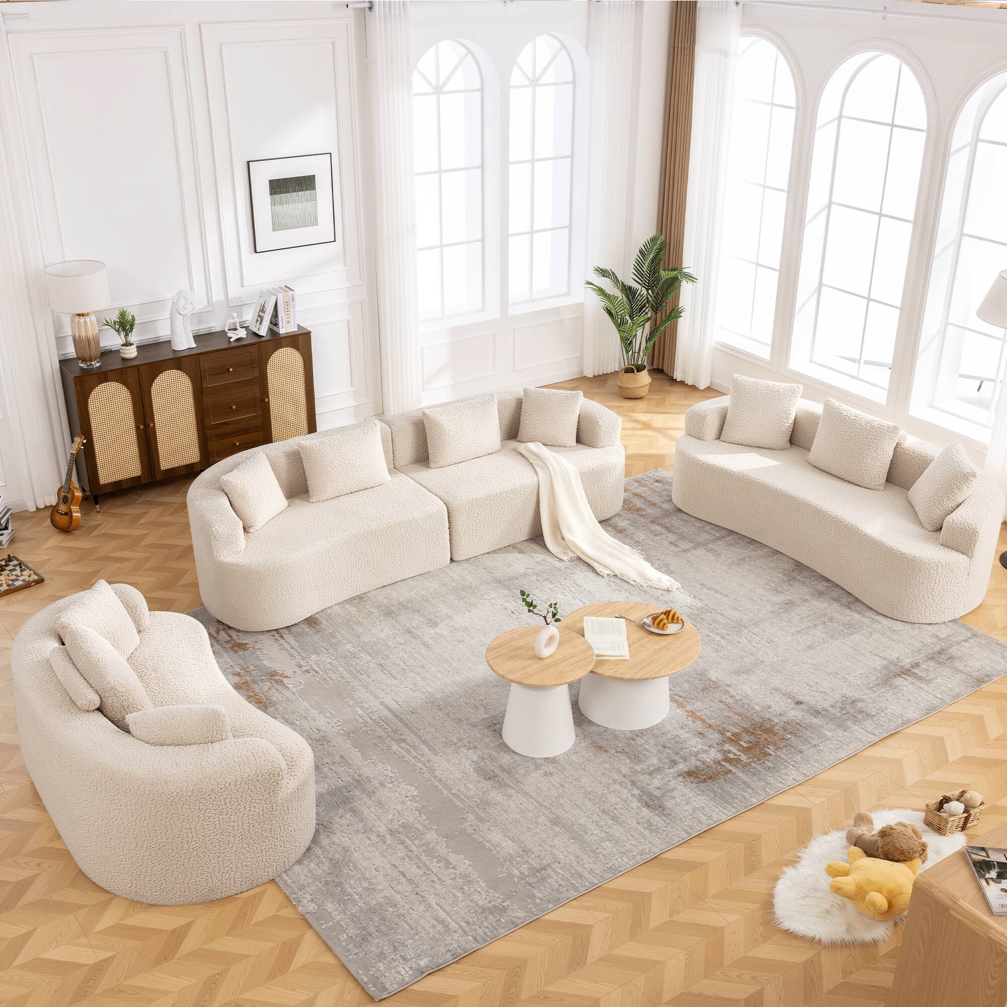 Alt View 7. KERDOM - 112" Corduroy Curved Sectionals Sofa with 4 Pillows, Teddy Plush Floor Couch for Living Room and Apartment, No Install - Beige.