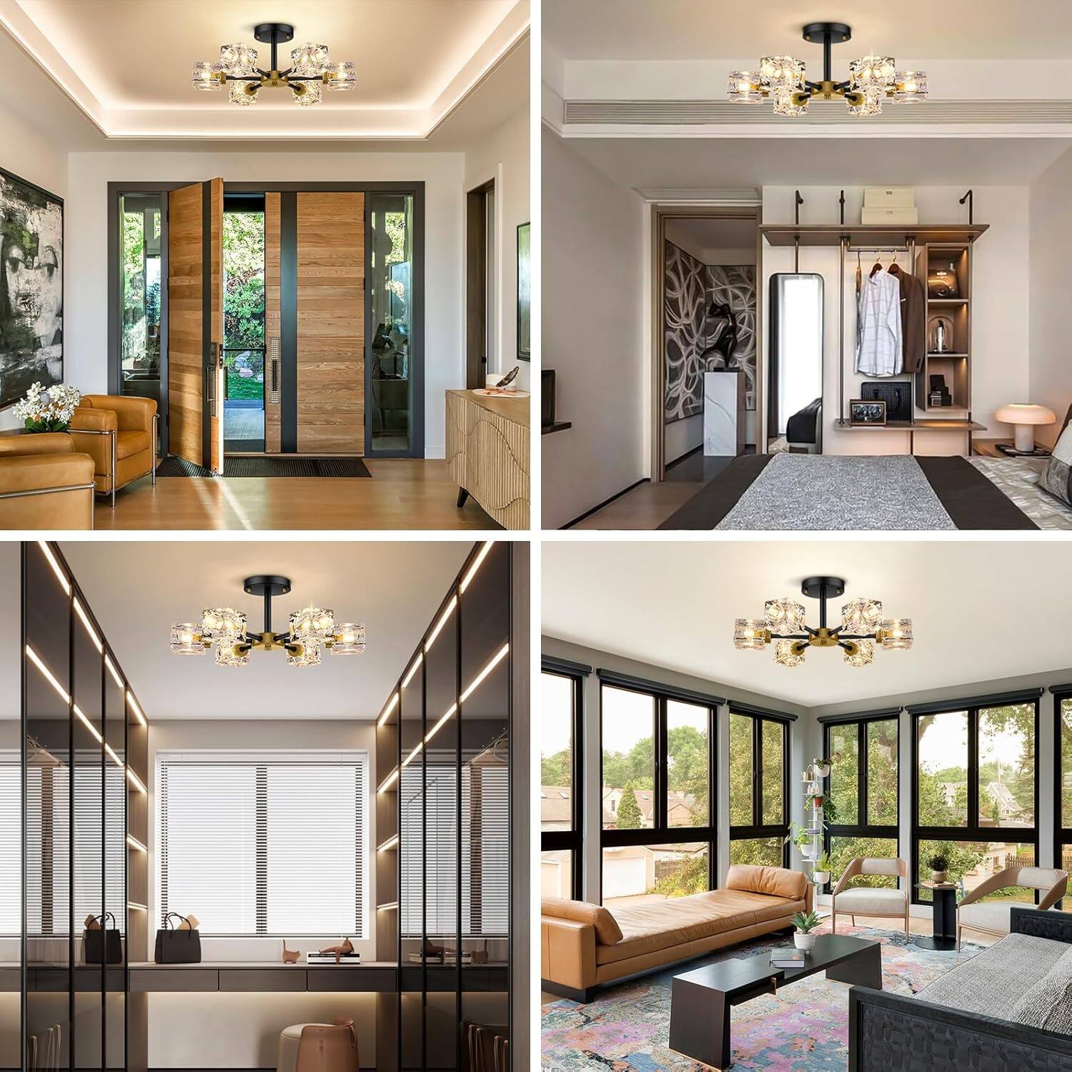 Angle. Nordic Hygge - Black Modern 6-Light Crystal Semi-Flush Mount Ceiling Light.