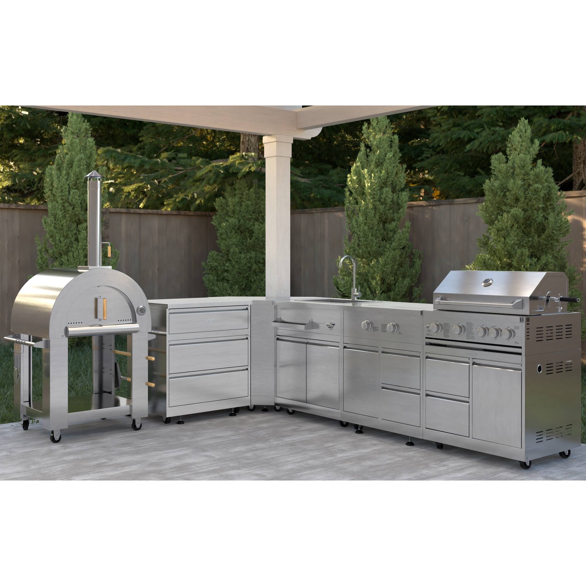 Angle. Koolmore - Outdoor Kitchen with Wood fire Pizza Oven, 3 Drawer Cabinet, Corner Cabinet, Sink, Side Burner, 30 in. Grill and Cabinet - Stainless Steel.