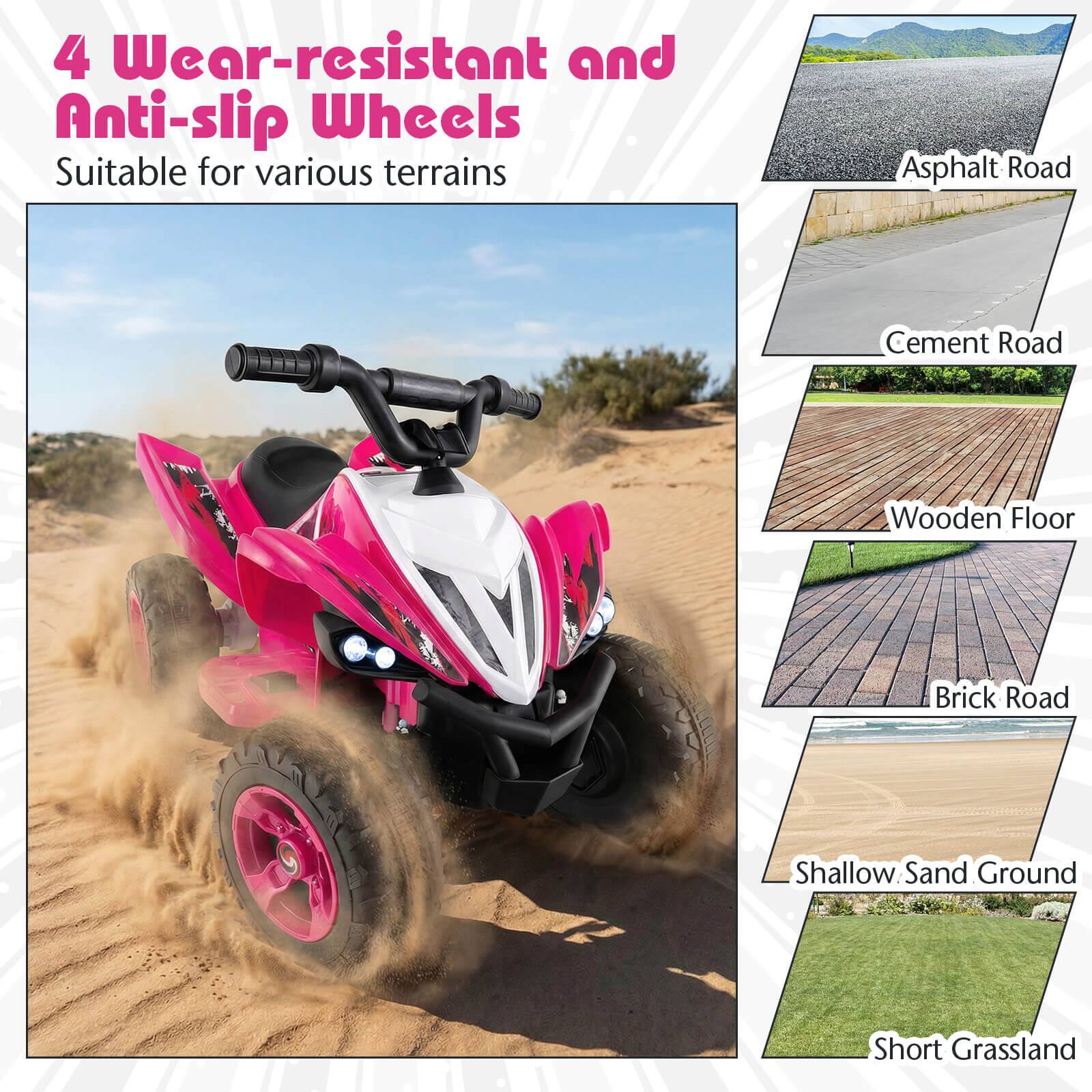 4 Wear-resistant and Anti-slip Wheels  
Suitable for various terrains  
- Asphalt Road  
- Cement Road  
- Wooden Floor  
- Brick Road  
- Shallow Sand Ground  
- Short Grassland