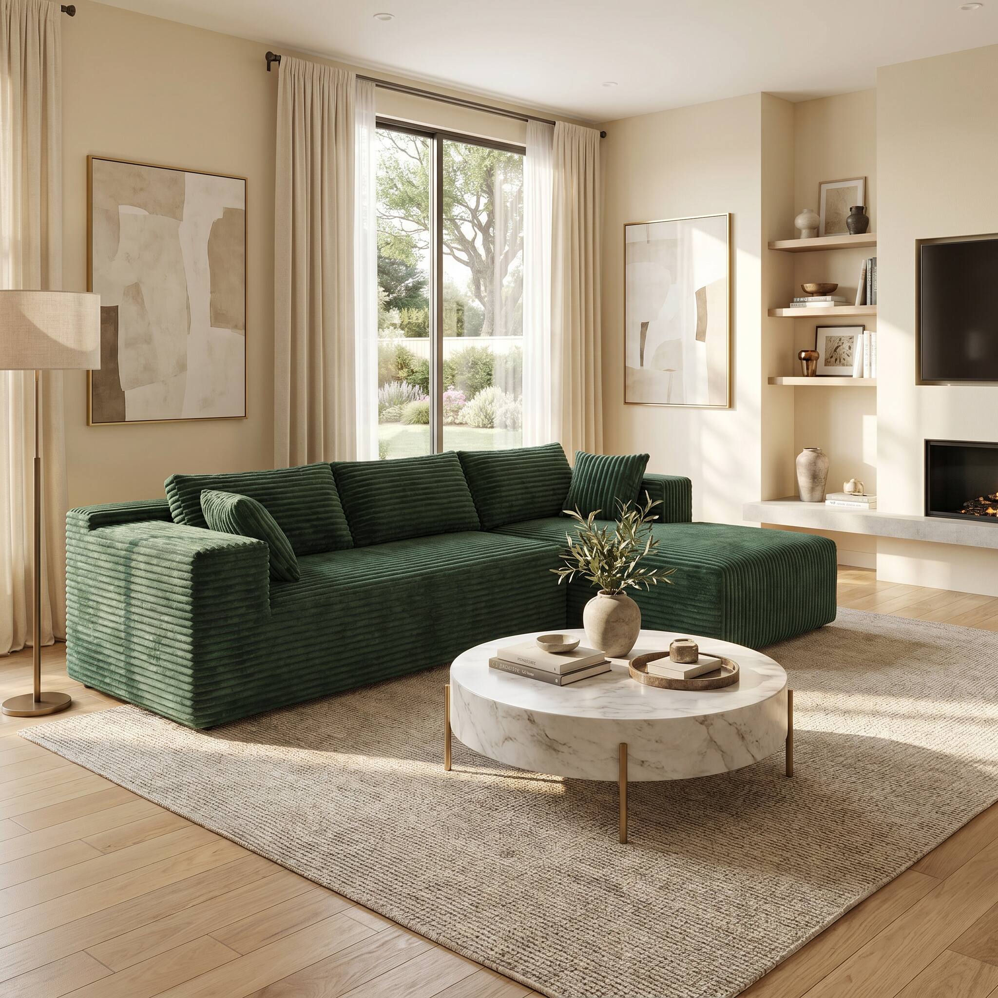 Left. FUFU & GAGA - Modular Corduroy L-Shaped Sectional Sofa with Chaise, High-Density Rebound Sponge Cushions Tool-Free Assembly - Dark Green.