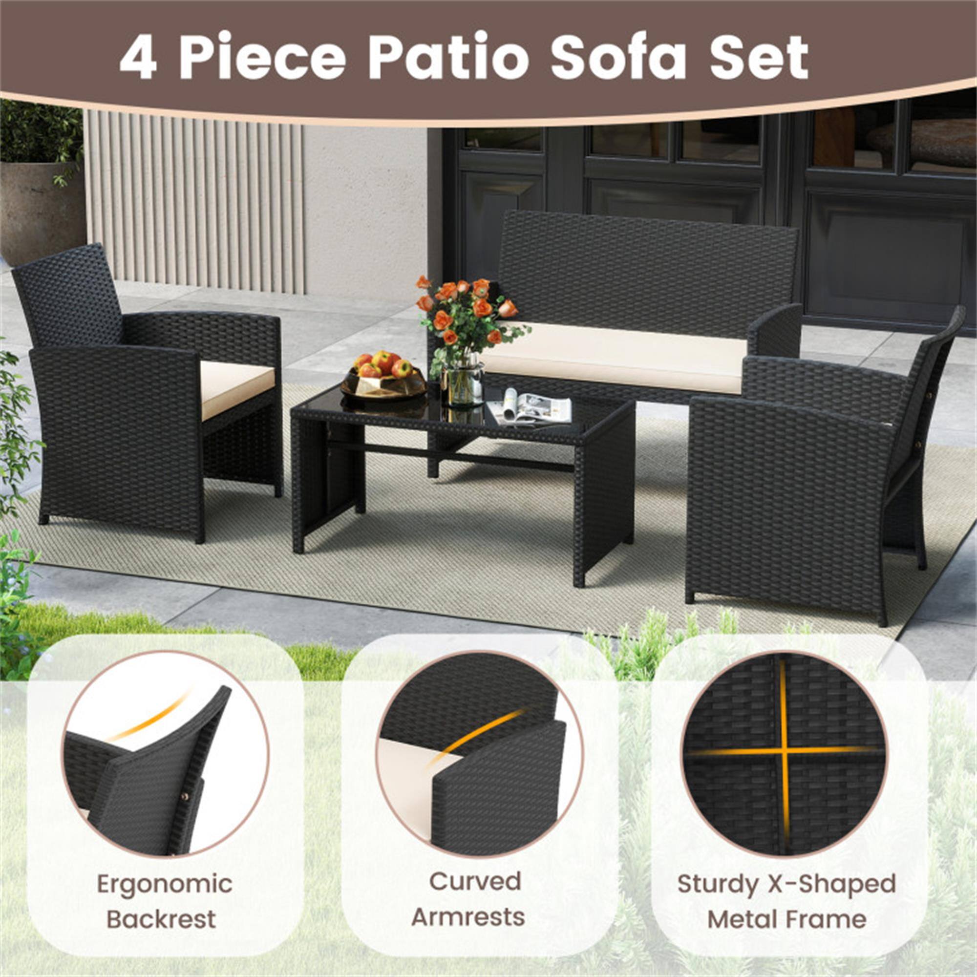 4 Piece Patio Sofa Set

- Ergonomic Backrest
- Curved Armrests
- Sturdy X-Shaped Metal Frame
