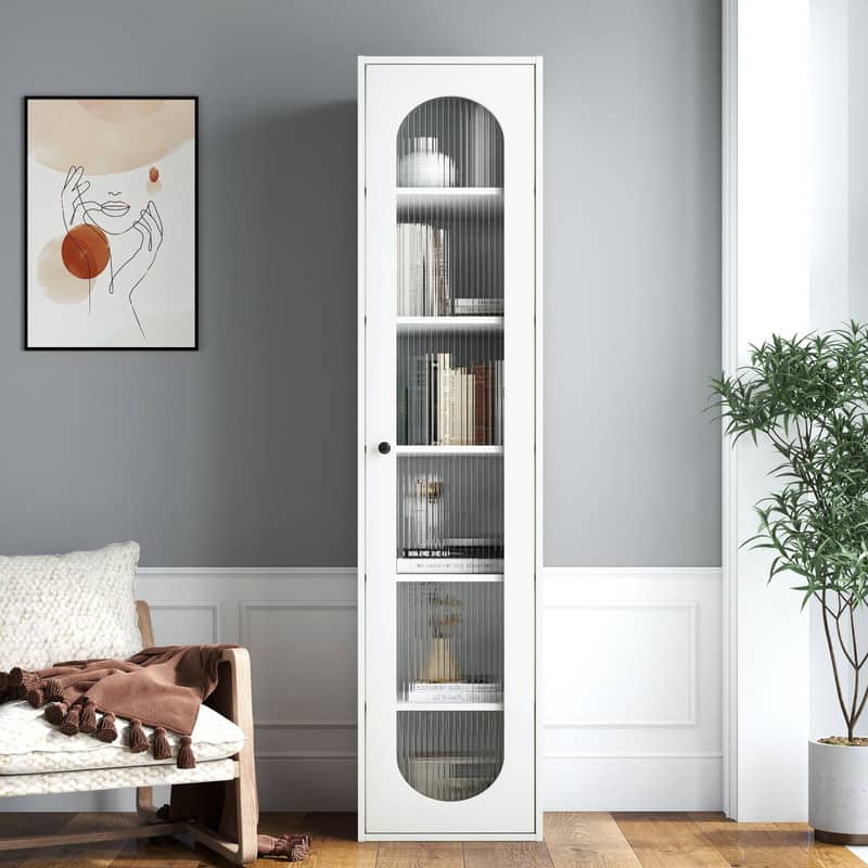 HTUTWOO - Bookshelf with Glass Door & 6 Storage Shelves, Space Saving Easy Use Cabinet for Living Room Bedroom Office - White