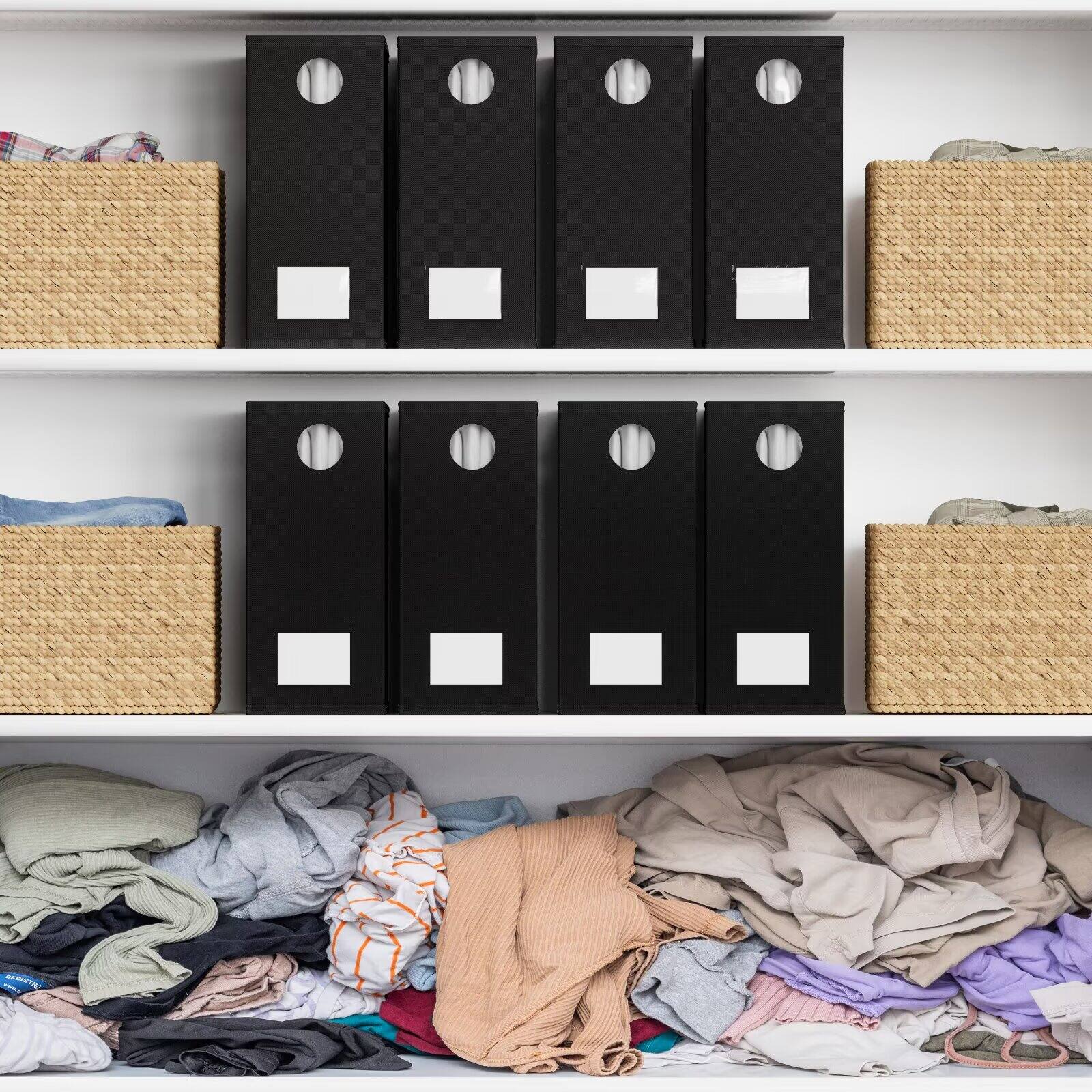 Back. Tooloton - Bed Sheet Organizers 8 Pack, Linen Closet Storage with Window, Queen King Size Bedding Container, Black - Black.