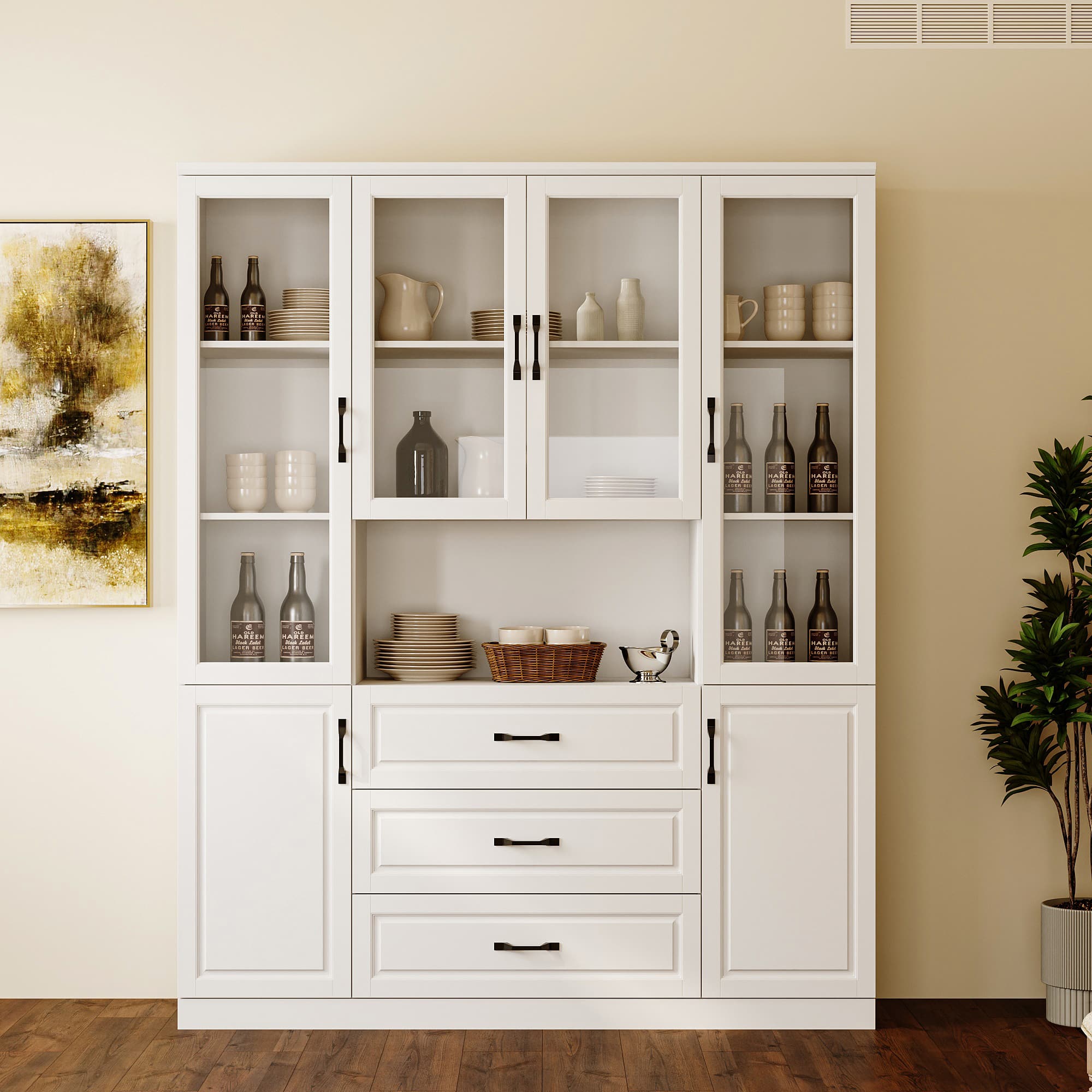 FUFU & GAGA - FUFU&GAGA Tempered Glass-Door Kitchen Pantry: Modular Storage with Hidden Drawers & Open Shelving - White