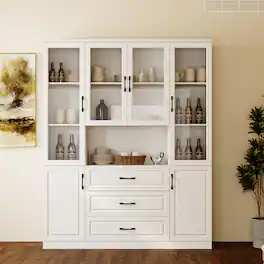 FUFU & GAGA - FUFU&GAGA Tempered Glass-Door Kitchen Pantry: Modular Storage with Hidden Drawers & Open Shelving - White