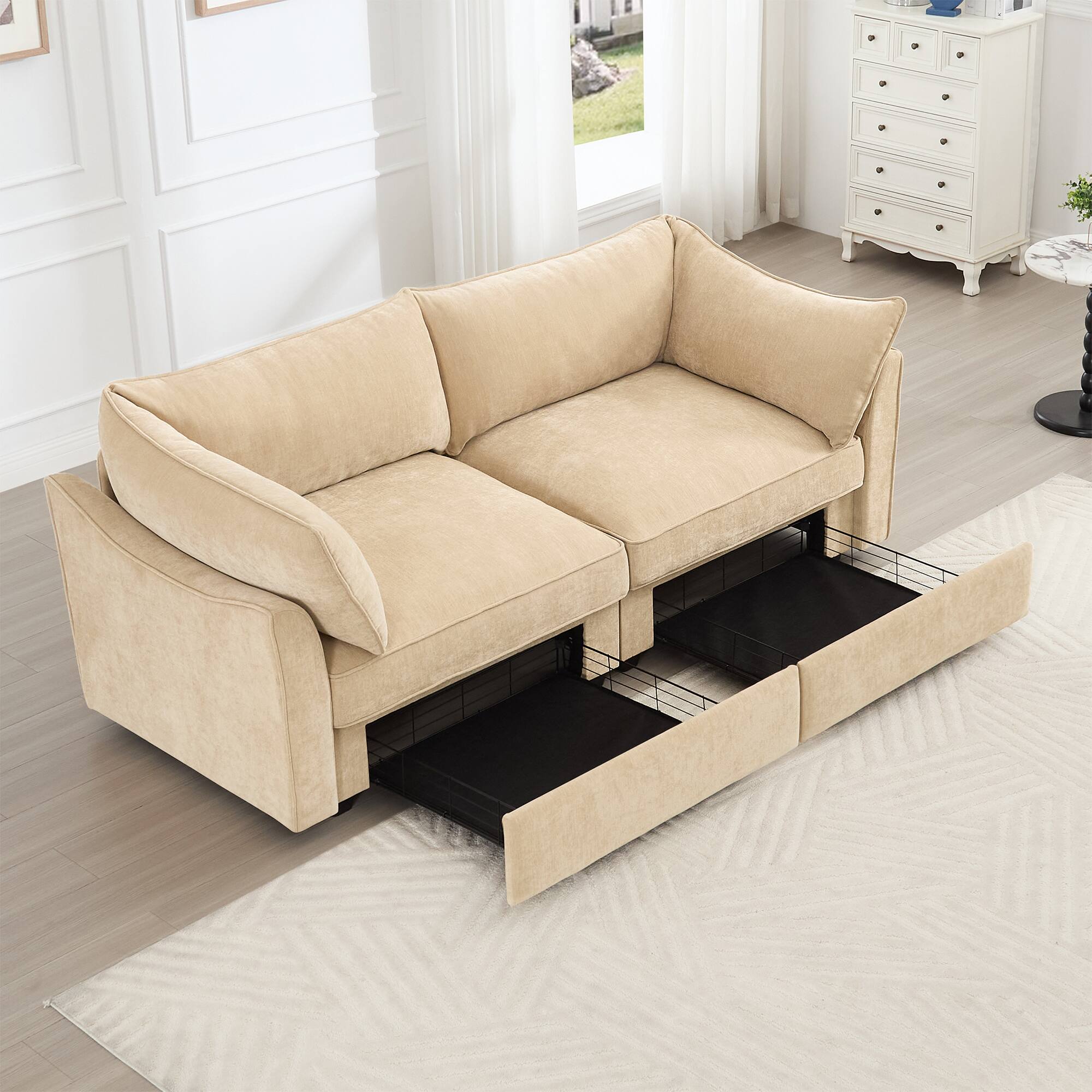 Left. Aukfa - 2-Seater Sofa with Pull-Out Storage Drawers - Crescent-Shaped Armrests, Chenille Fabric, Wraparound Cushions - Hazelwood.