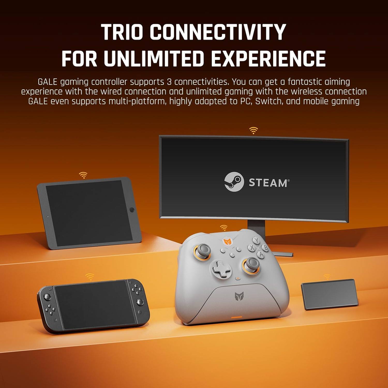TRIO CONNECTIVITY FOR UNLIMITED EXPERIENCE

GALE gaming controller supports 3 connectivities. You can get a fantastic aiming experience with the wired connection and unlimited gaming with the wireless connection. GALE even supports multi-platform, highly adapted to PC, Switch, and mobile gaming.