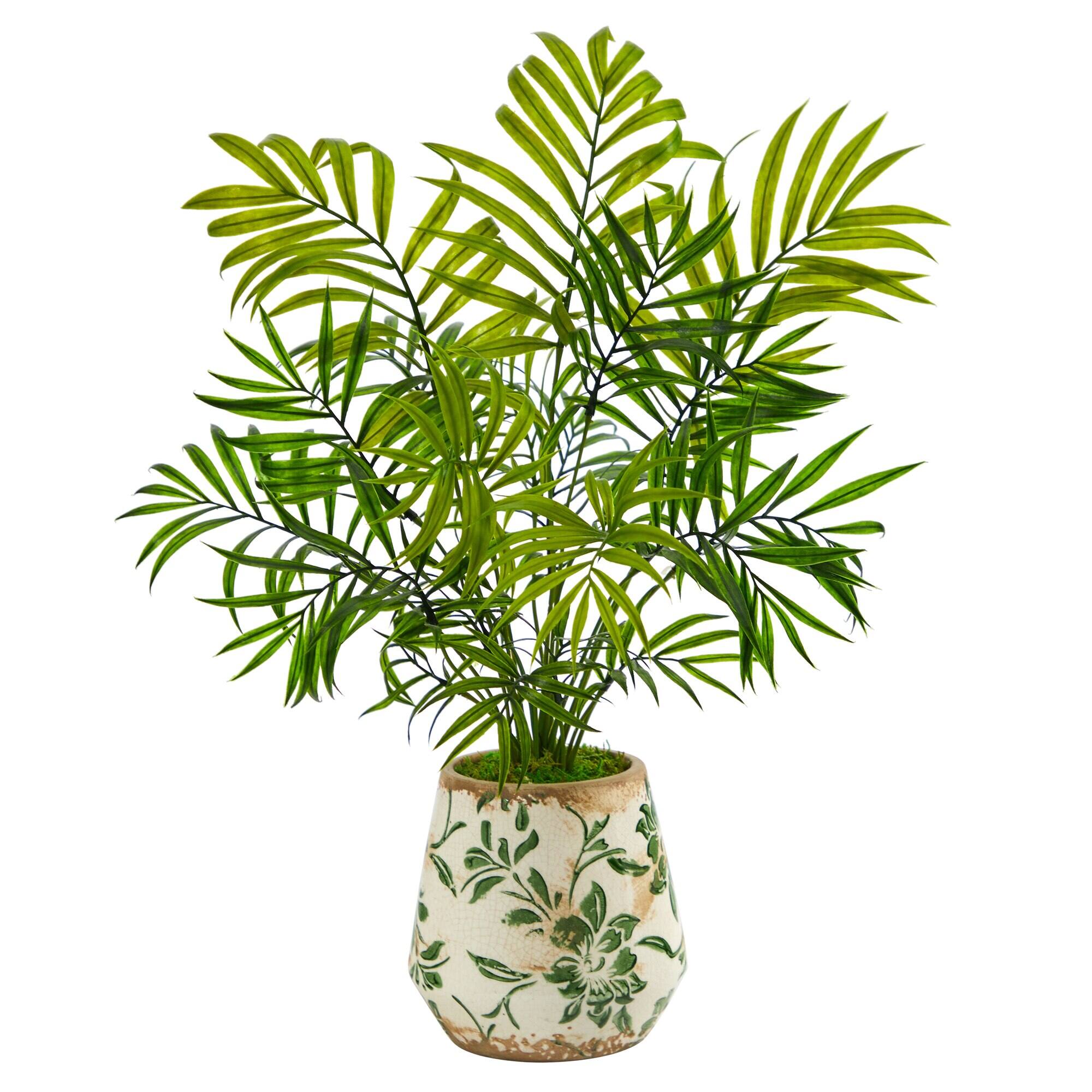 BreeBe - 18" Mini Areca Palm Artificial Plant in Floral Vase - Green