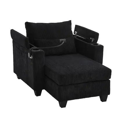 Front. Boyel Living - 3-in-1 Convertible Chaise Sofa Bed with USB Ports, Cup Holders & Storage - Corduroy Multi-Functional Sleeper in Black - Black.