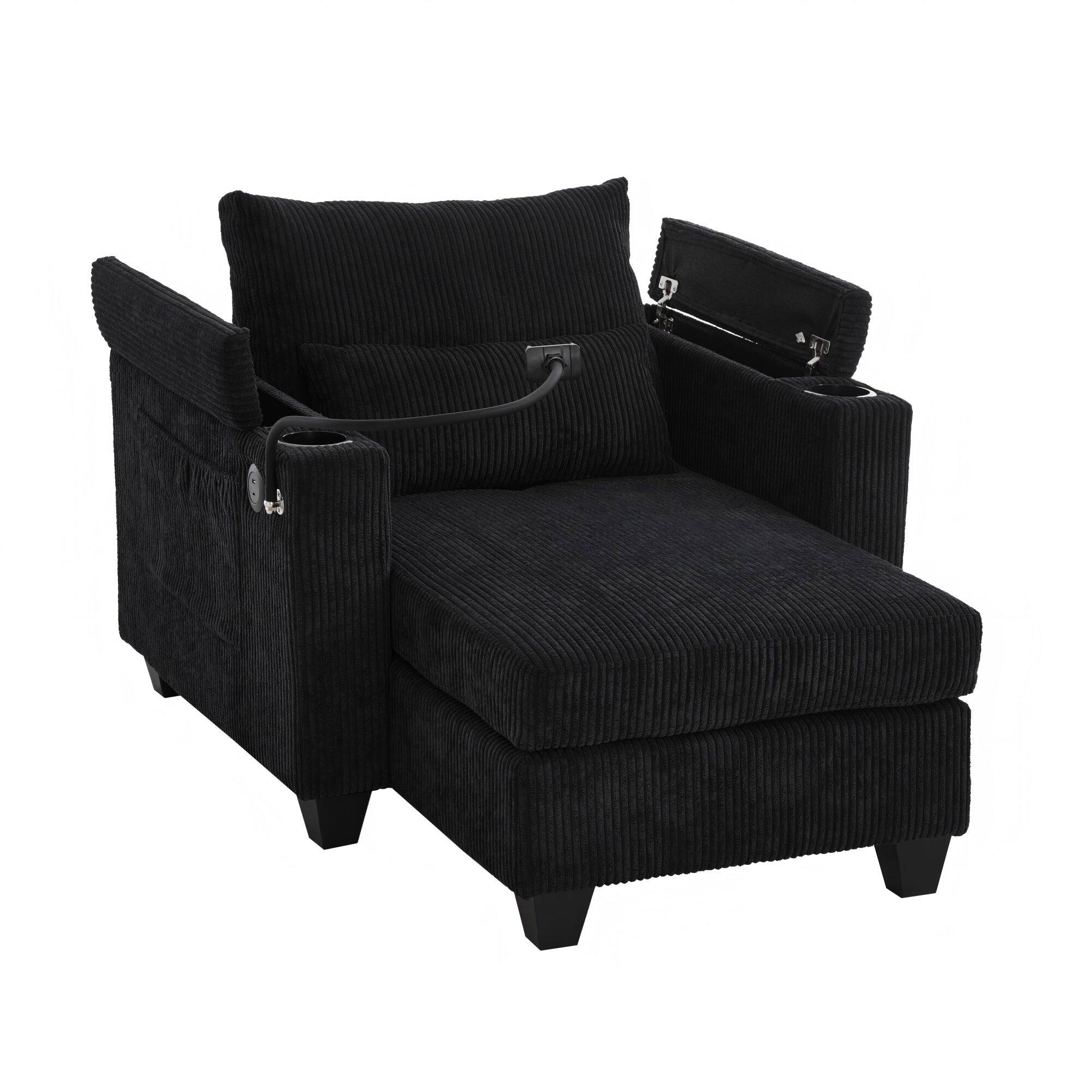 Front. Boyel Living - 3-in-1 Convertible Chaise Sofa Bed with USB Ports, Cup Holders & Storage - Corduroy Multi-Functional Sleeper in Black - Black.