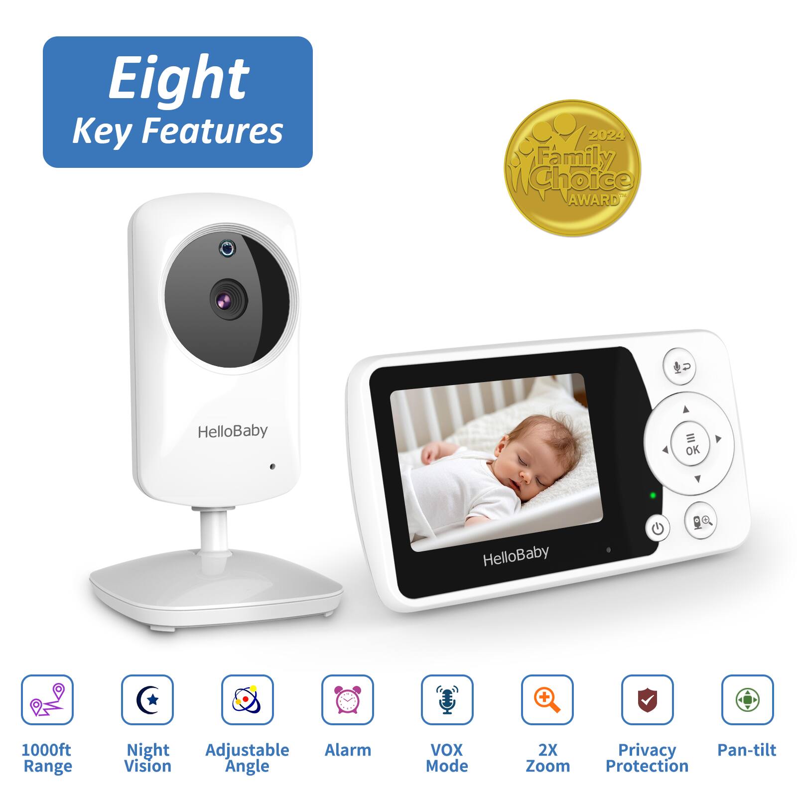 Eight Key Features: 1000ft Range, Night Vision, Adjustable Angle, Alarm, VOX Mode, 2X Zoom, Privacy Protection, Pan-tilt