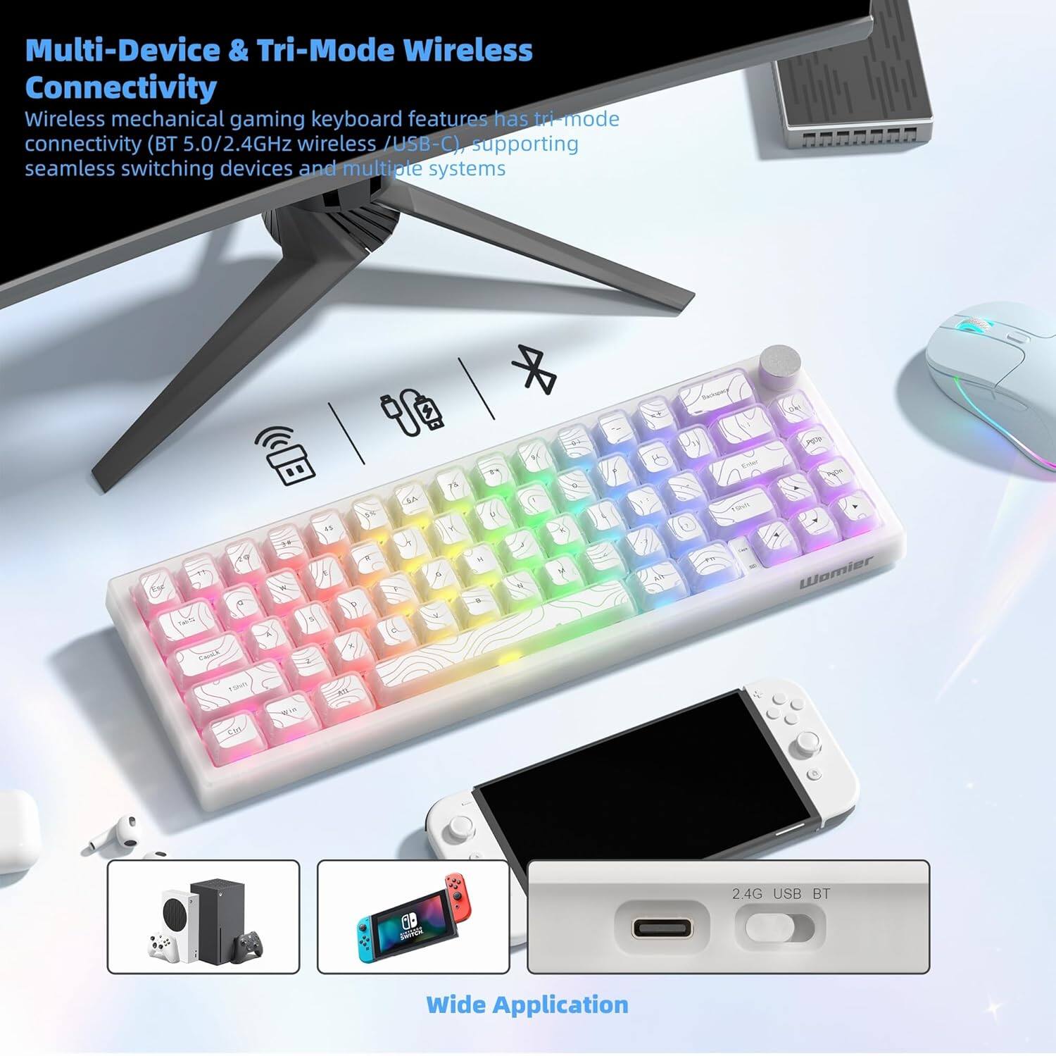 Multi-Device & Tri-Mode Wireless Connectivity

Wireless mechanical gaming keyboard features tri-mode connectivity (BT 5.0/2.4GHz wireless /USB-C), supporting seamless switching devices and multiple systems

Wide Application