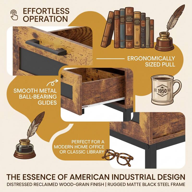 EFFORTLESS OPERATION  
CLASSIC AMERICAN NOVELS  
A  
ERGONOMICALLY SIZED PULL  
SMOOTH METAL BALL-BEARING GLIDES  
EST. 1950  
PERFECT FOR A MODERN HOME OFFICE OR CLASSIC LIBRARY  
THE ESSENCE OF AMERICAN INDUSTRIAL DESIGN  
DISTRESSED RECLAIMED WOOD-GRAIN FINISH | RUGGED MATTE BLACK STEEL FRAME