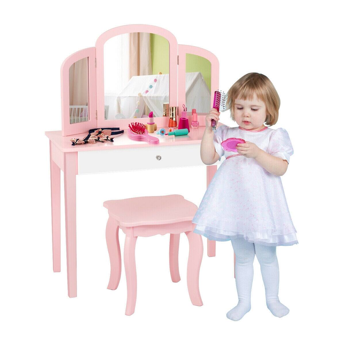 Alt View 4. SlickBlue - Kids Princess Makeup Dressing Table with Tri-Fold Mirror and Matching Chair - Pink.