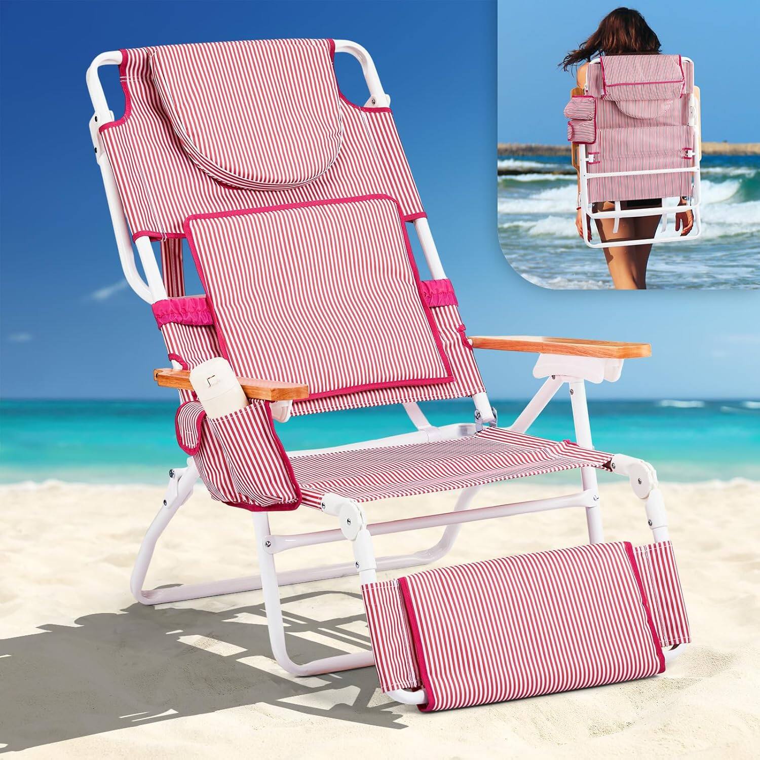 Alt View 6. Winado - 1PC Beach Tanning Chair 3in1 with Face Hole Reclining Lounge, Foot Rest, Cup Holder, Storage Bag, for Outdoor Beach - Pink.