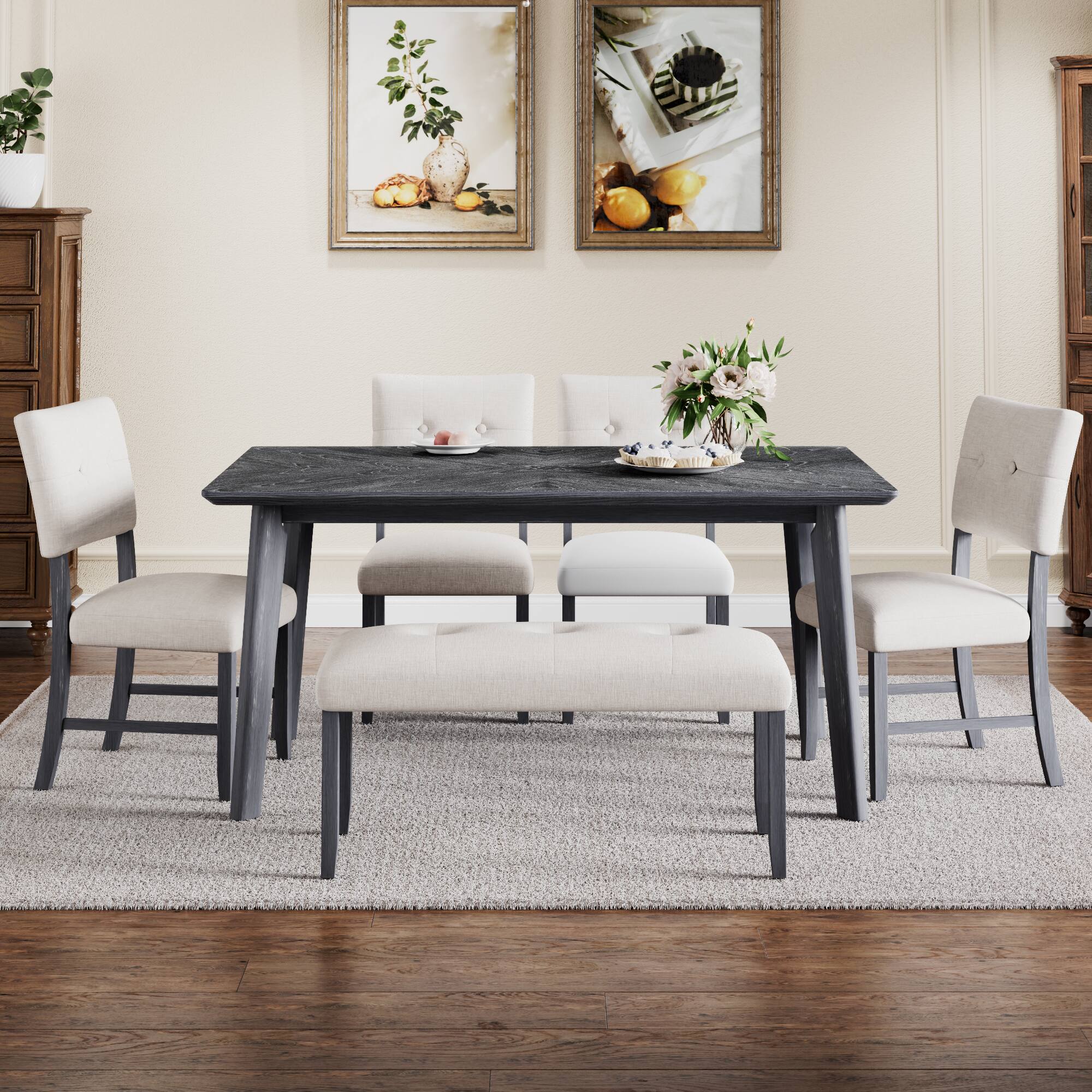 Left. TinyHomie - 6 Piece Dining Room Table Set Rustic Farmhouse Dining Room Rectangular Table with 4 Upholstered Chairs and Bench - Gray.