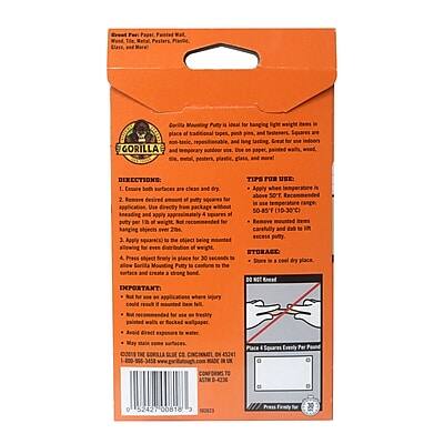 **For Paper Place of Gorilla Putty**

**Directions:**
1. Bon cleas and dry
2. Remove desired amount of putty and apply 4 squats of putty per 1B of weight
3. Not recommended for hanging objects over 204
4. Apply square to the object being mounted
5. Press in for 30 seconds to allow mounting putty to set and create a bond

**Tips for Use:**
- Apply above 50-85°F (10-30°C)
- Remove and reapply putty as needed

**Storage:**
- Store in a cool, dry place

**Important:**
- Not for use on applications where safety is critical
- Not recommended for use on glass, mirrors, or other fragile surfaces
- May stain some surfaces

**Costume Gorilla LLC, Cleveland, OH 44114**
**05242 00818**

**Press firmly to open**