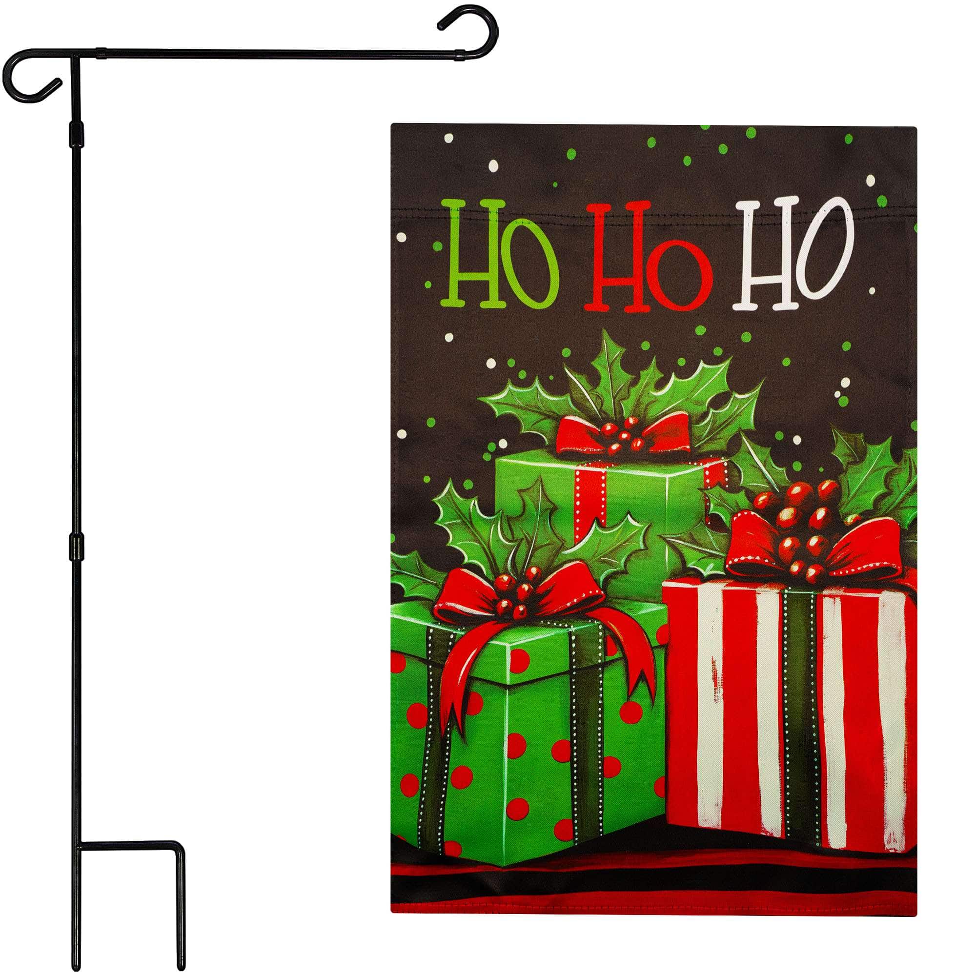 G128 - 36x16IN Garden Flag Stand & 12x18 Ho Ho Ho Christmas Flag Kit - Black