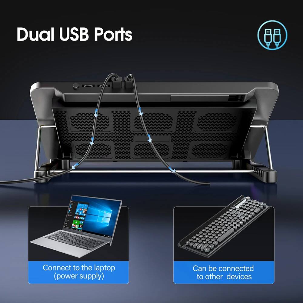 Dual USB Ports

- Connect to the laptop (power supply)
- Can be connected to other devices